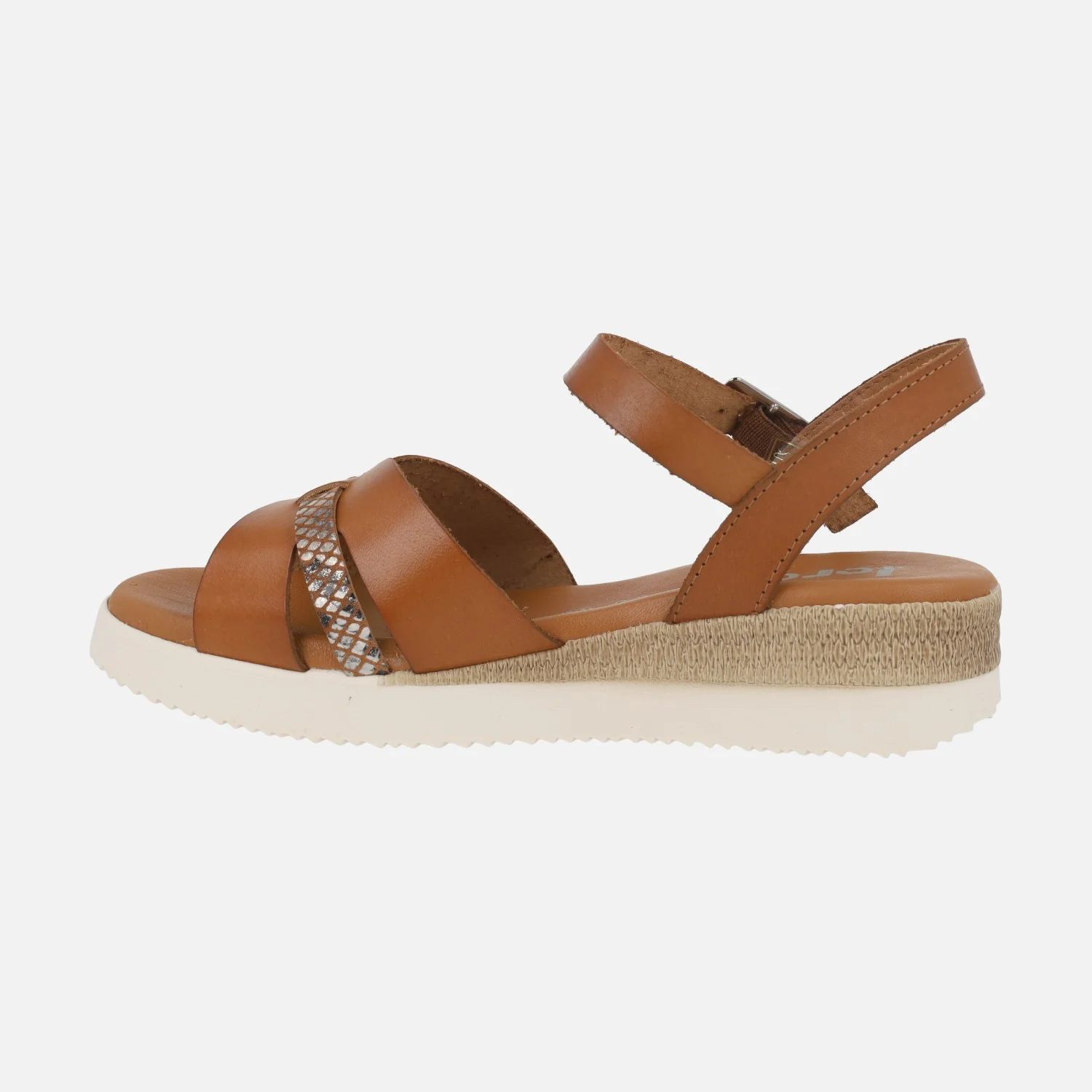 Sandalias de cuña baja en color cuero con tira metalizada print serpiente - Image 3