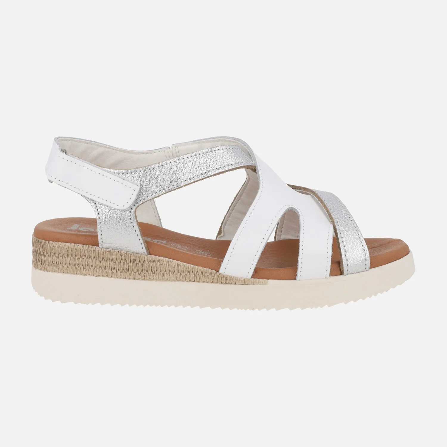 Sandalias de cuña baja en combinado blanco y plata