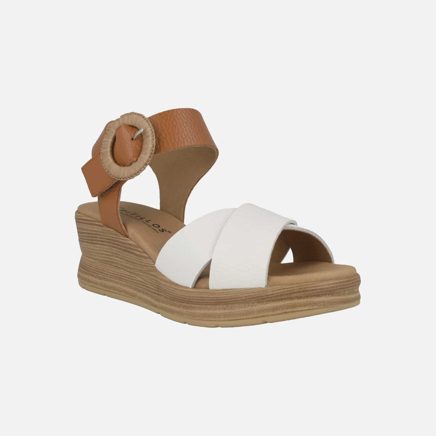 Sandalias de cuña en combinado blanco y cuero con cierre de velcro - Image 2