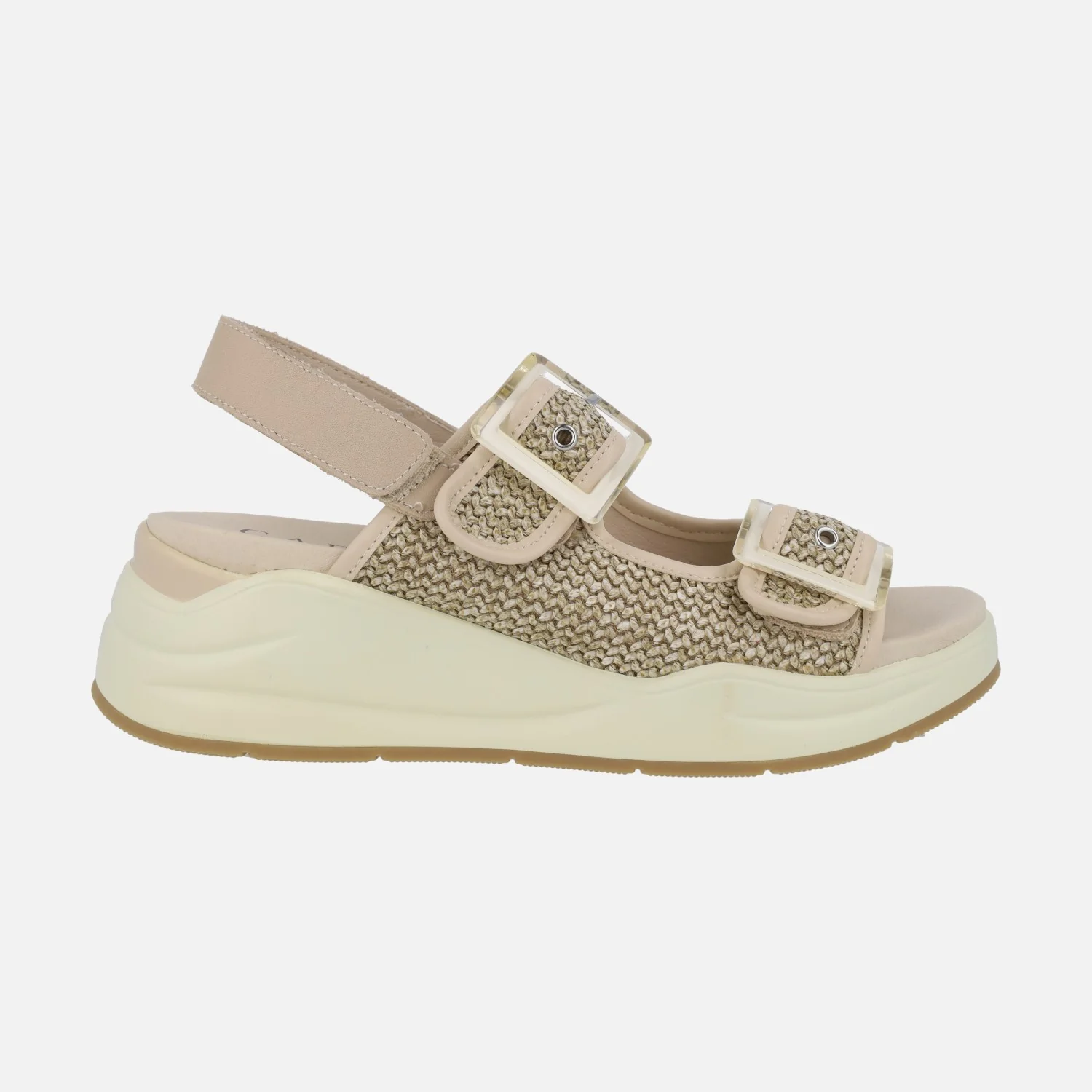Sandalias de cuña en combinado rafia beige con detalle de hebillas