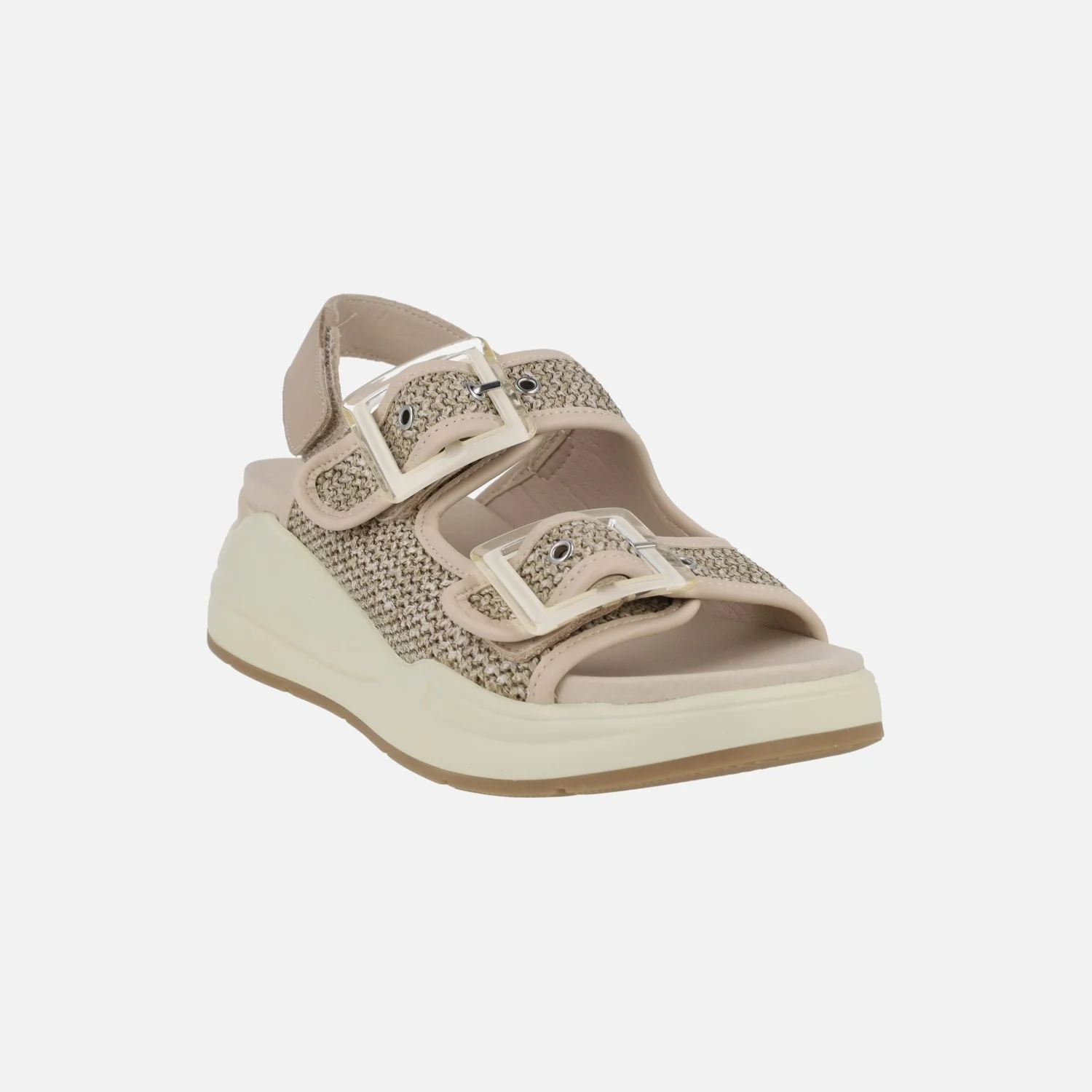 Sandalias de cuña en combinado rafia beige con detalle de hebillas - Image 2