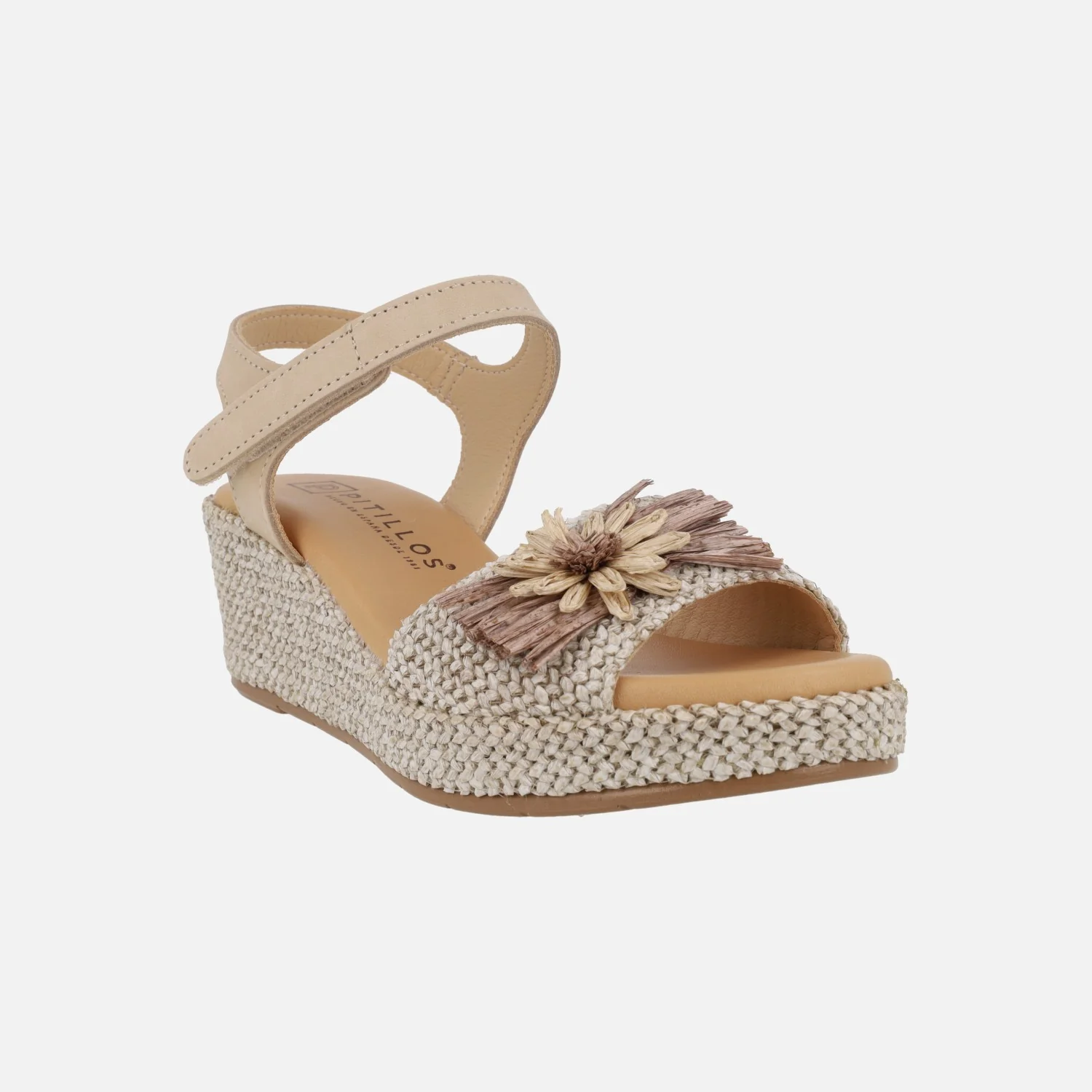 Sandalias de cuña en piel y tejido rafia con adorno de flor - Image 2