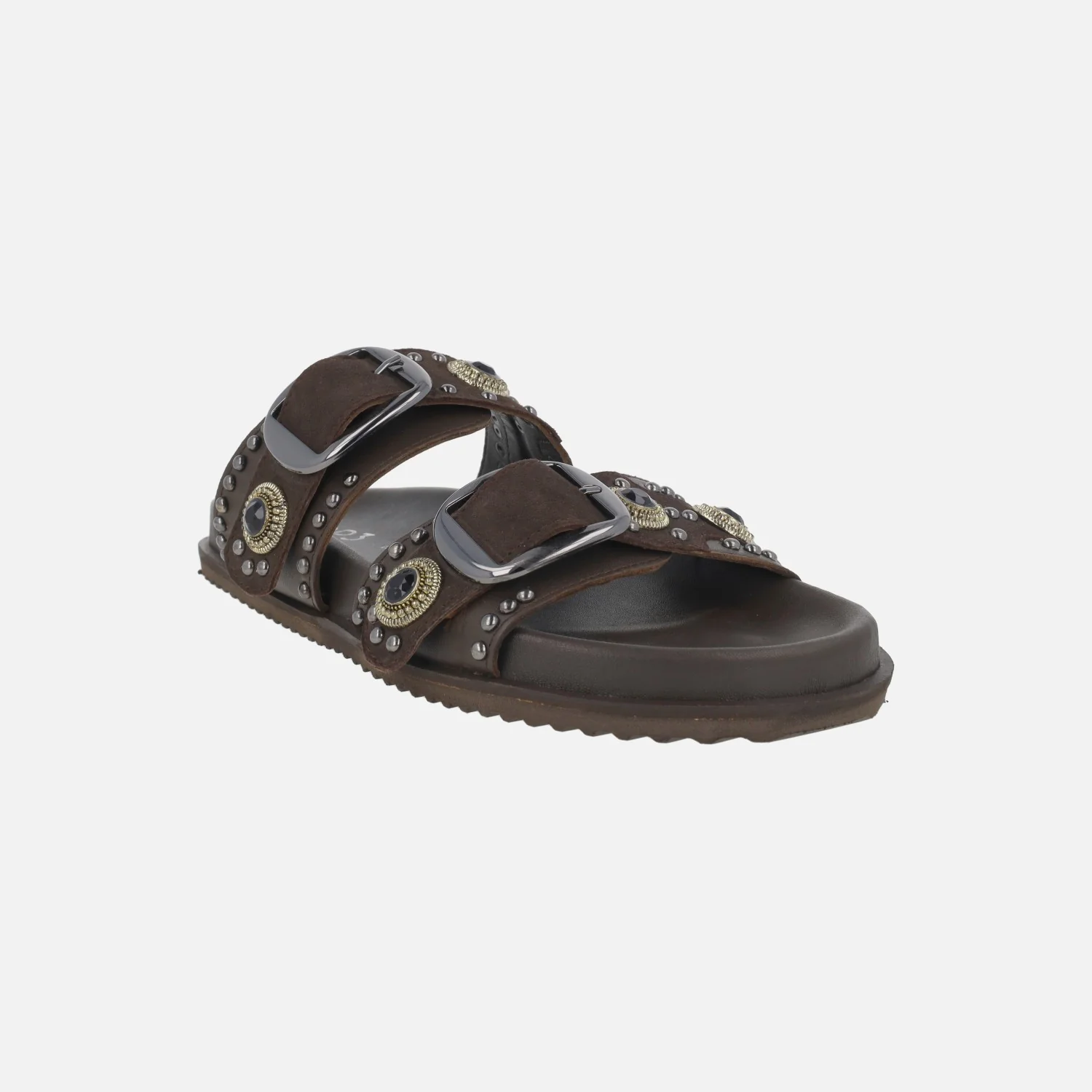 Sandalias de dos hebillas en piel moka con tachas y pedrería - Image 2