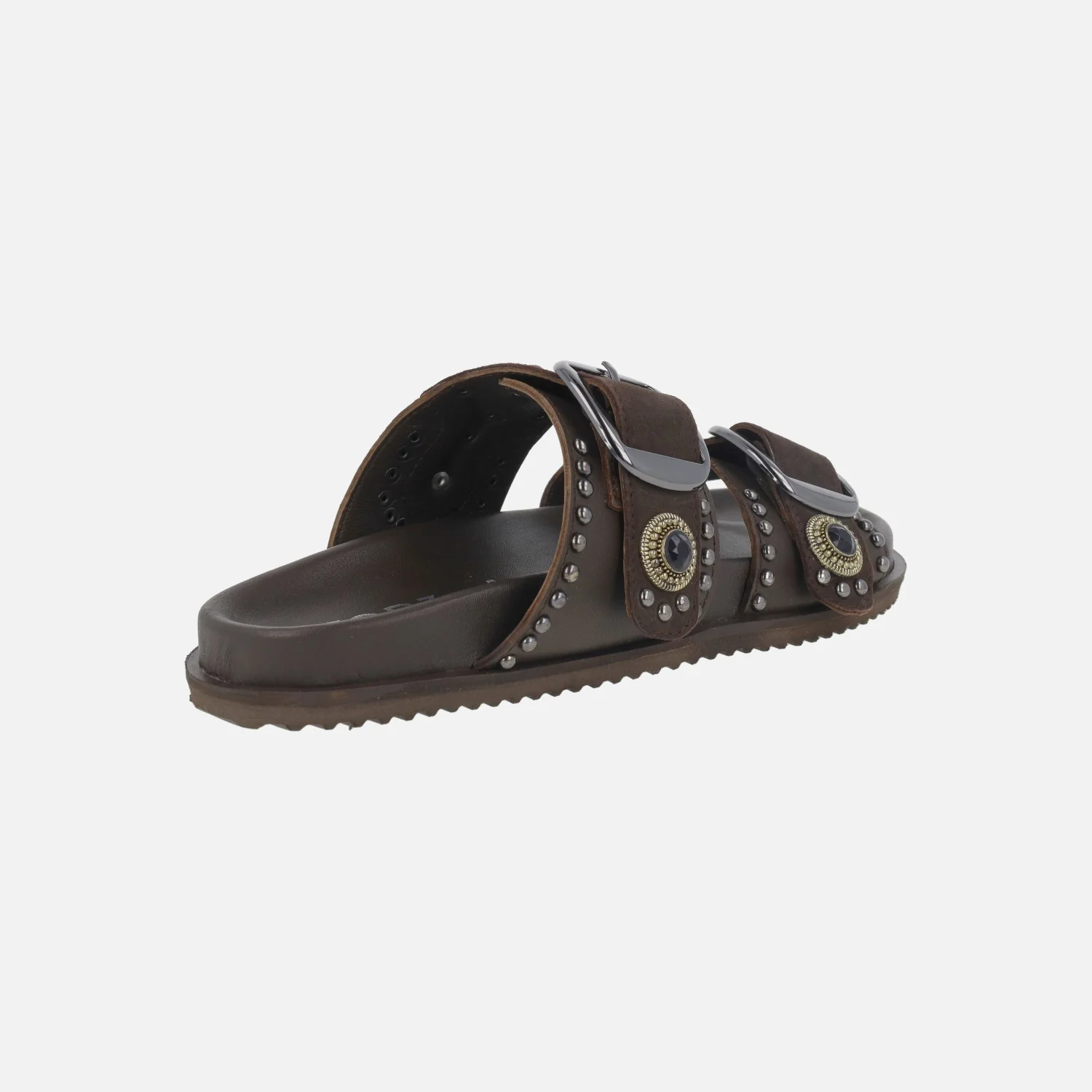 Sandalias de dos hebillas en piel moka con tachas y pedrería - Image 4