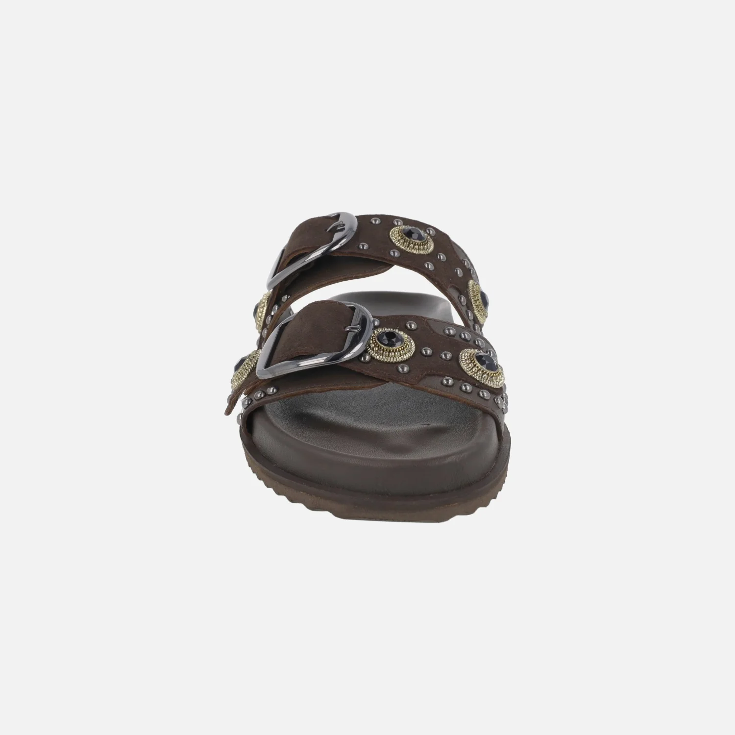 Sandalias de dos hebillas en piel moka con tachas y pedrería - Image 5