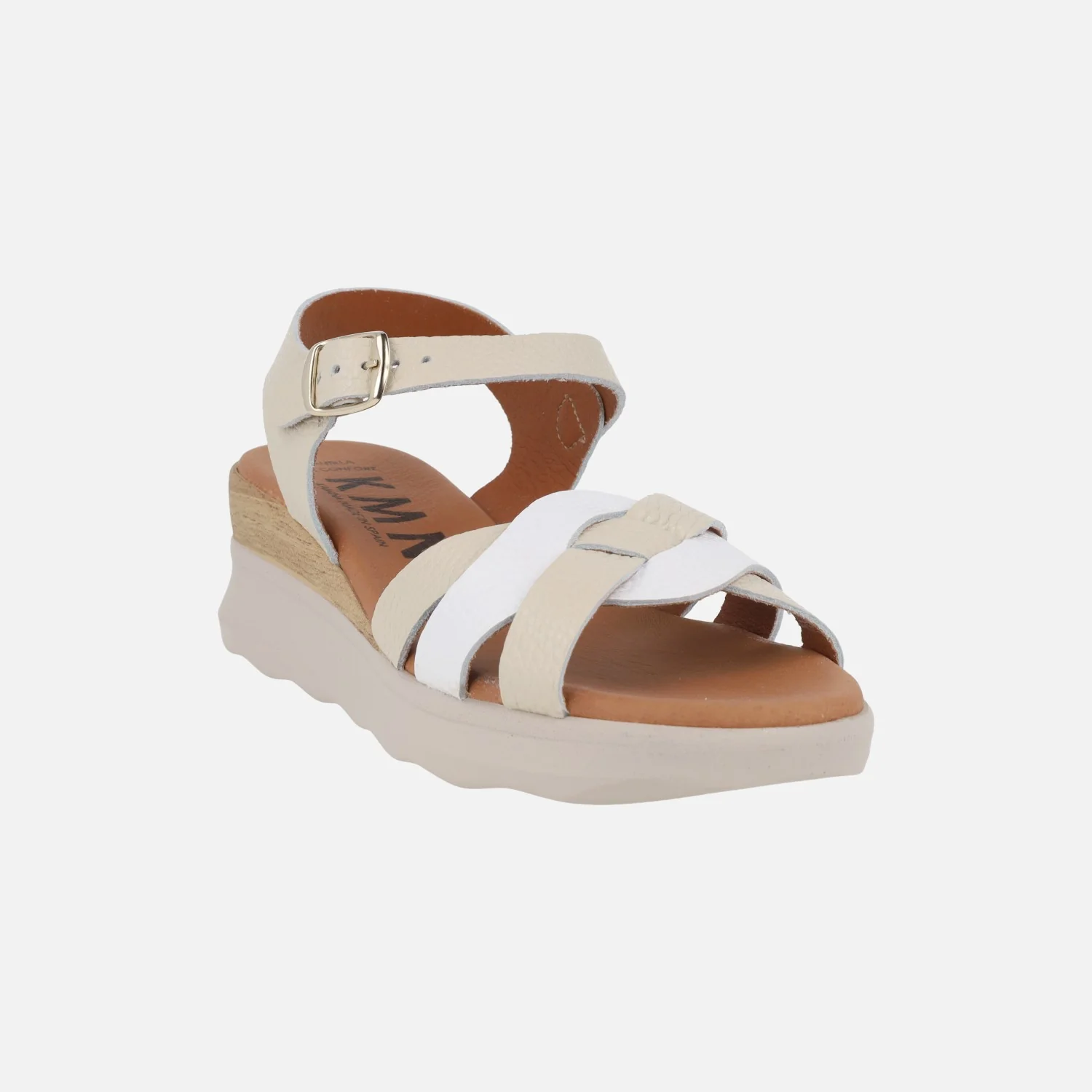 Sandalias de piel combinadas en beige y blanco con cierre de hebilla - Image 2