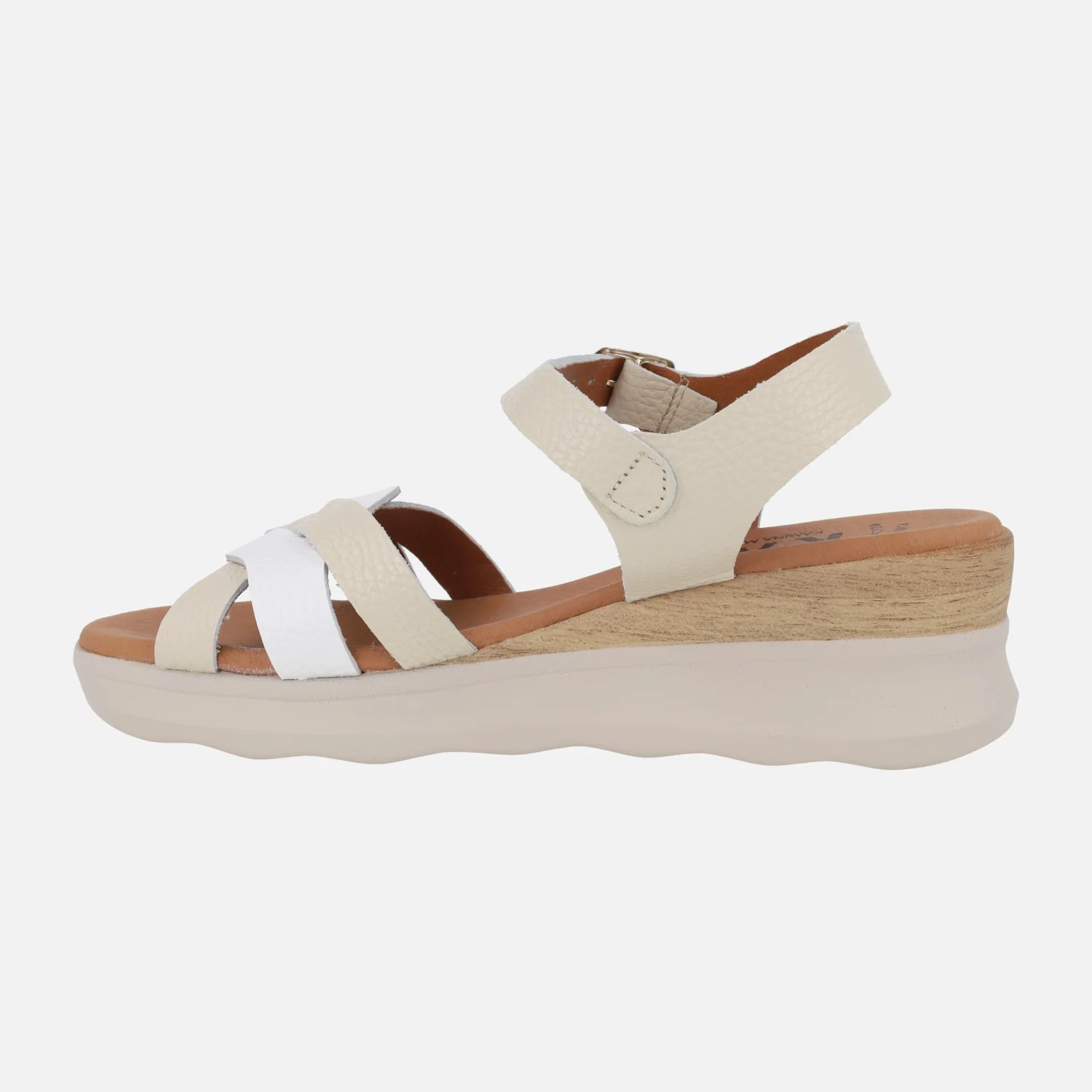 Sandalias de piel combinadas en beige y blanco con cierre de hebilla - Image 3