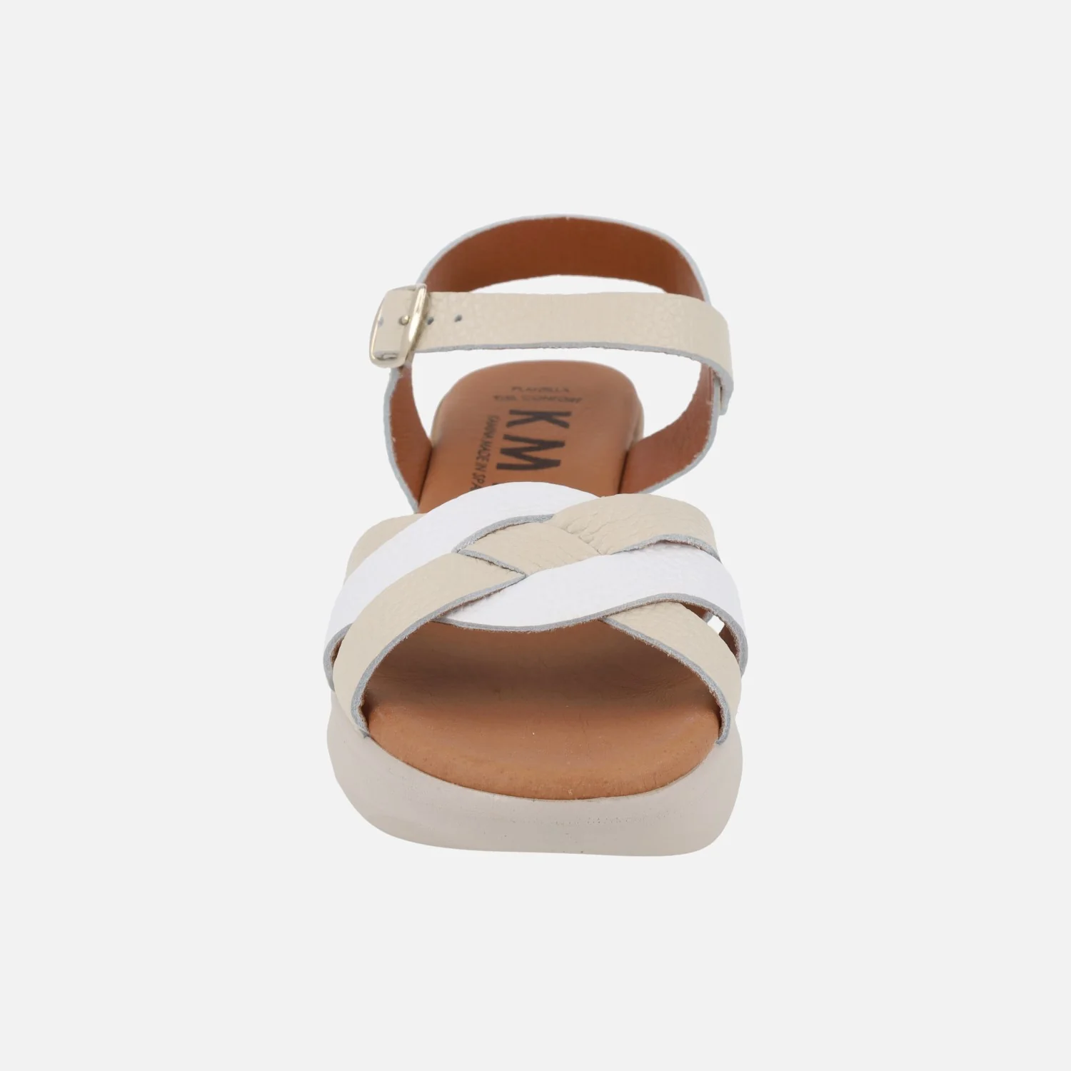 Sandalias de piel combinadas en beige y blanco con cierre de hebilla - Image 5
