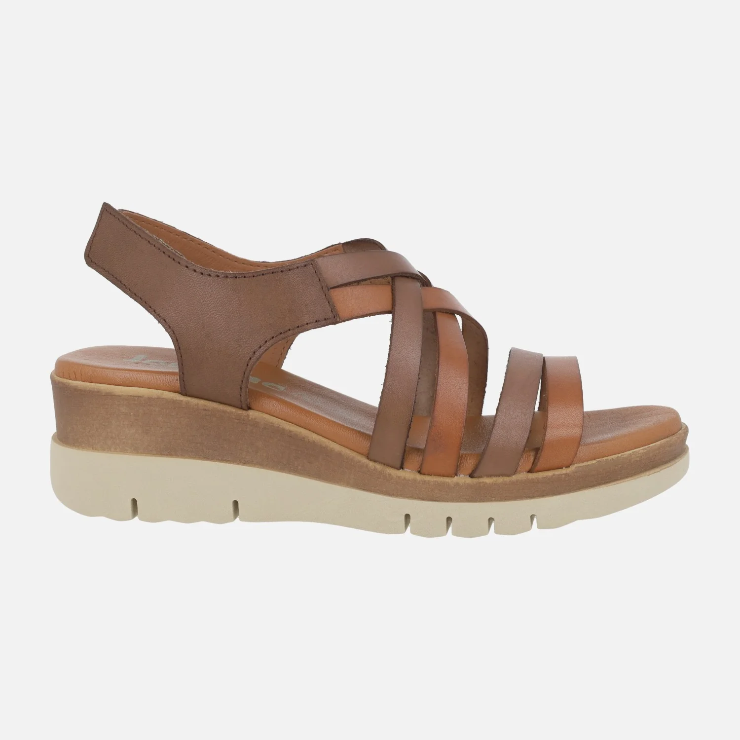 Sandalias de piel con tiras entrelazadas en tonos marrones y cierre de velcro