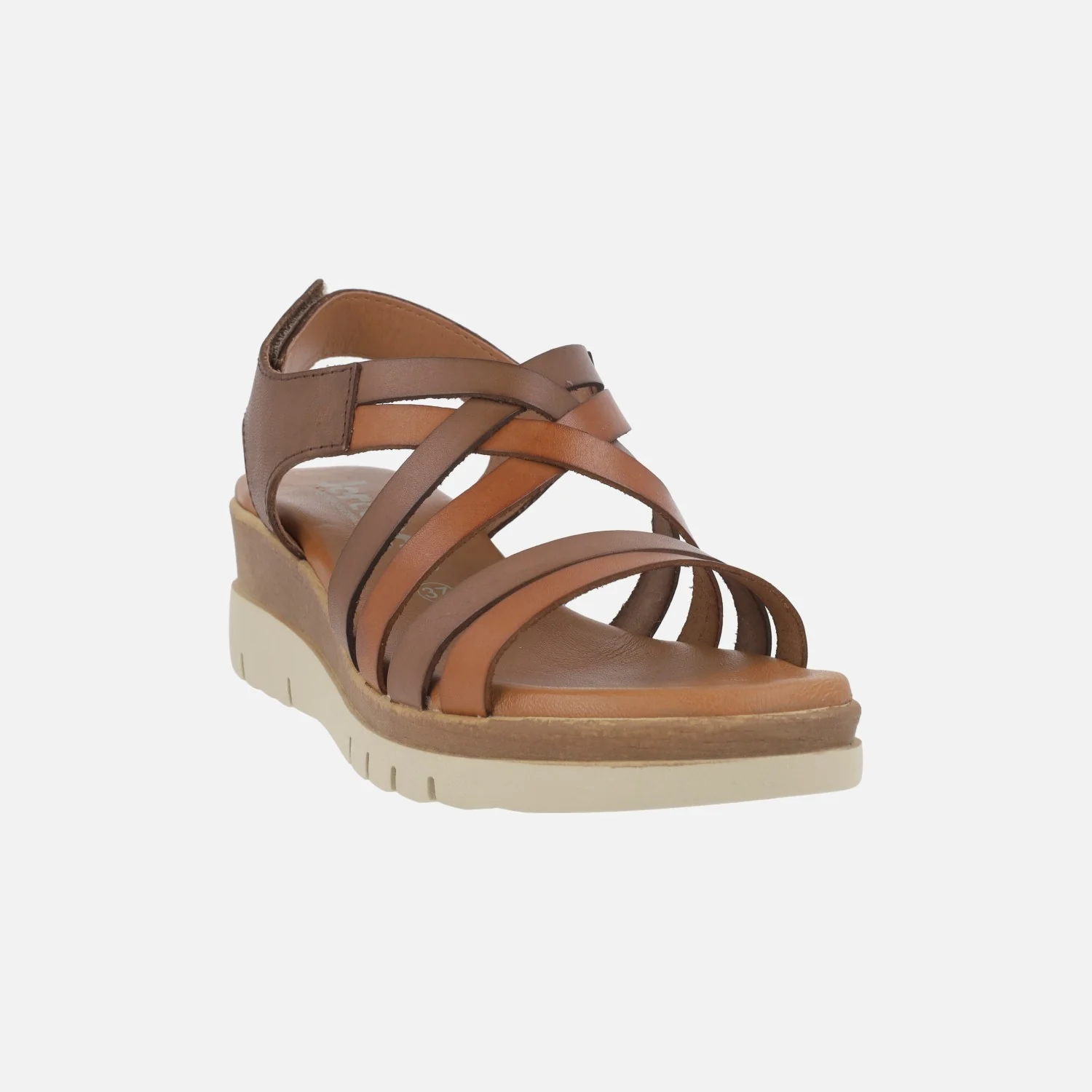 Sandalias de piel con tiras entrelazadas en tonos marrones y cierre de velcro - Image 2
