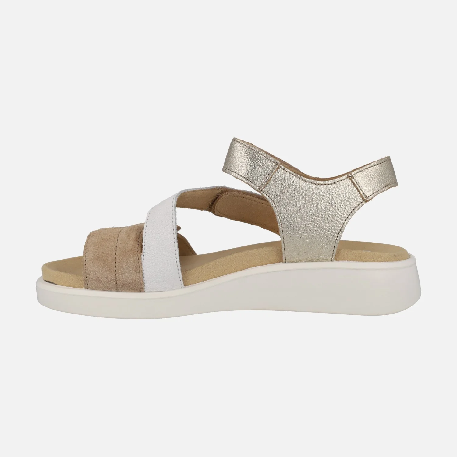 Sandalias de piel en blanco-camel-oro con cierre de velcros - Image 3