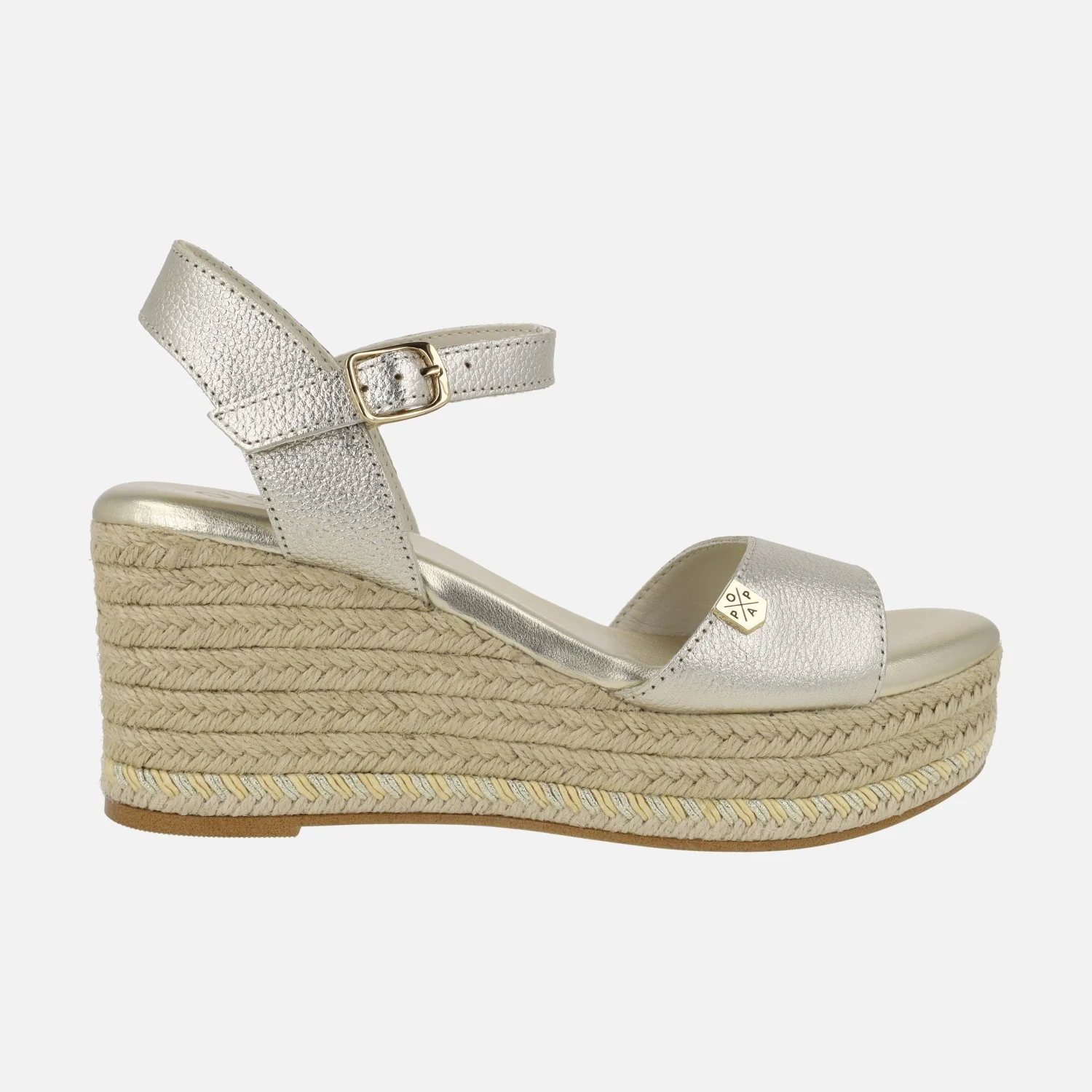 Sandalias de piel en color oro Arenal con cuña de esparto natural