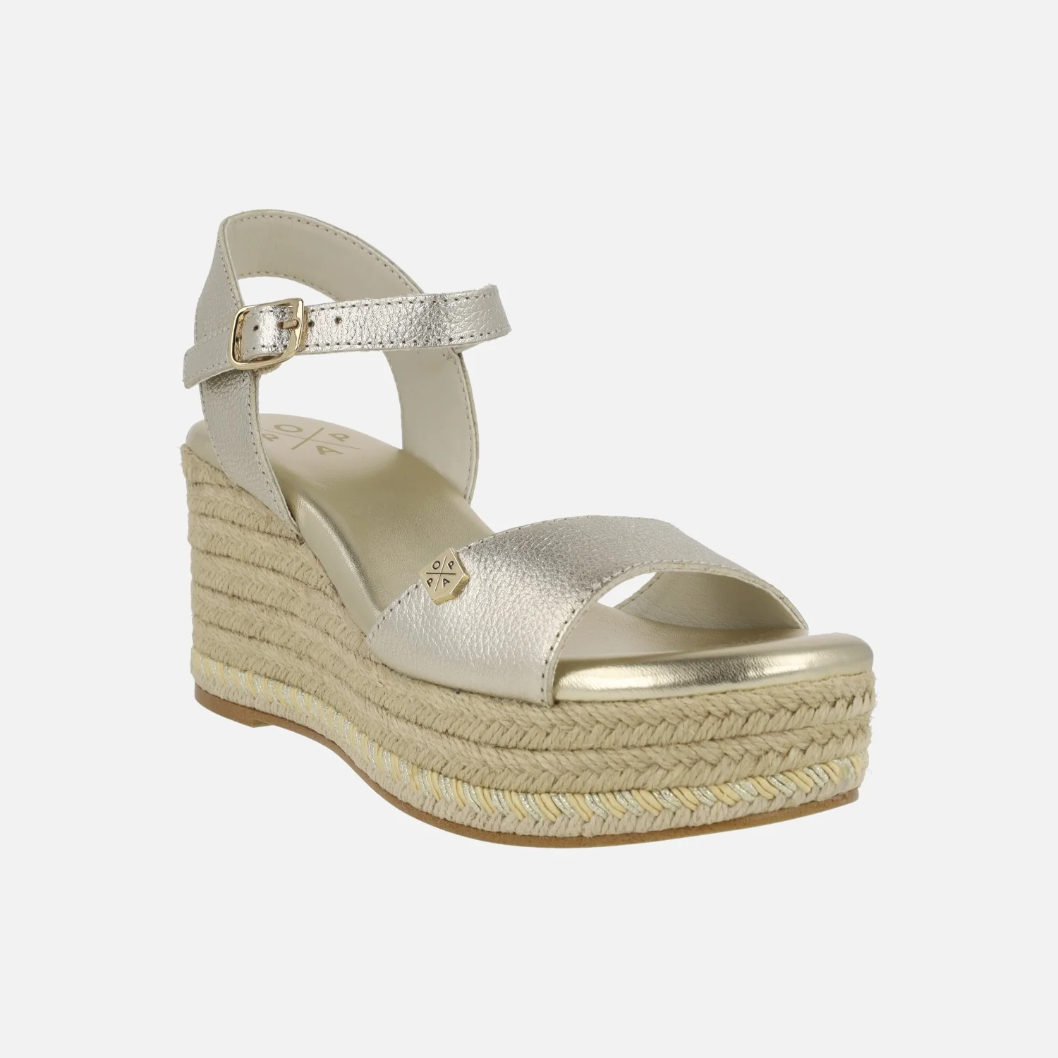Sandalias de piel en color oro Arenal con cuña de esparto natural - Image 3