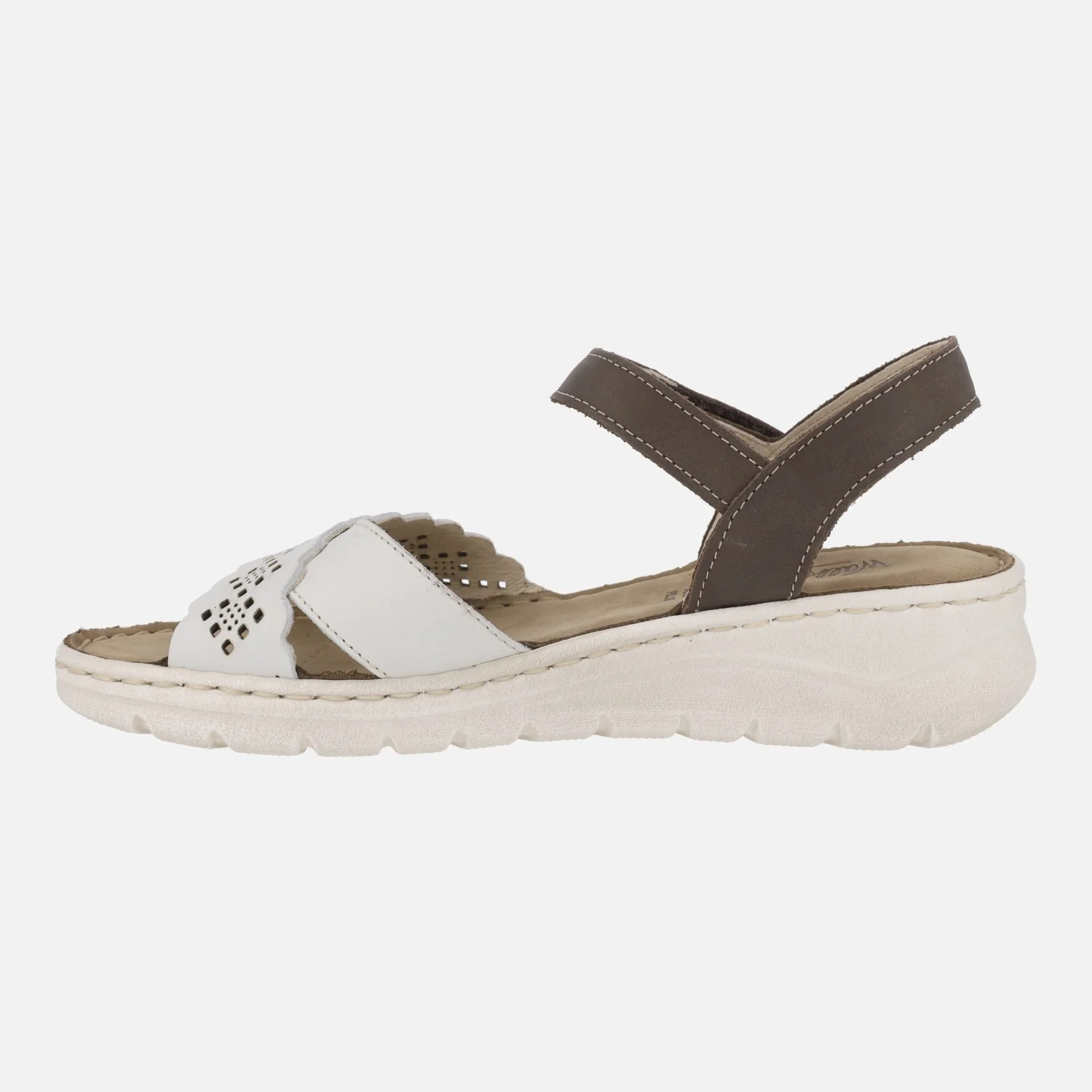 Sandalias de piel en combinado blanco y marrón con detalles troquelados - Image 3
