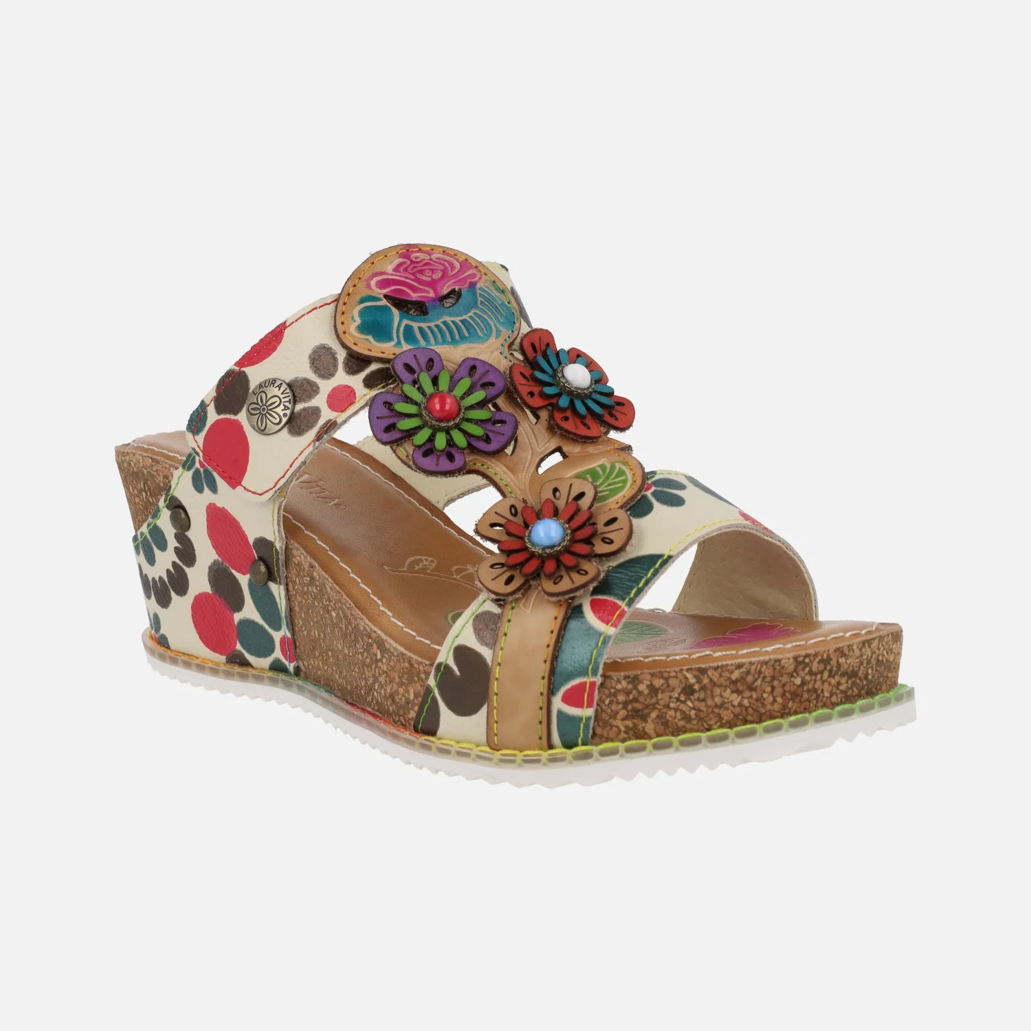 Sandalias de piel estampadas con detalle de flores Bonito 224 Beige - Image 2