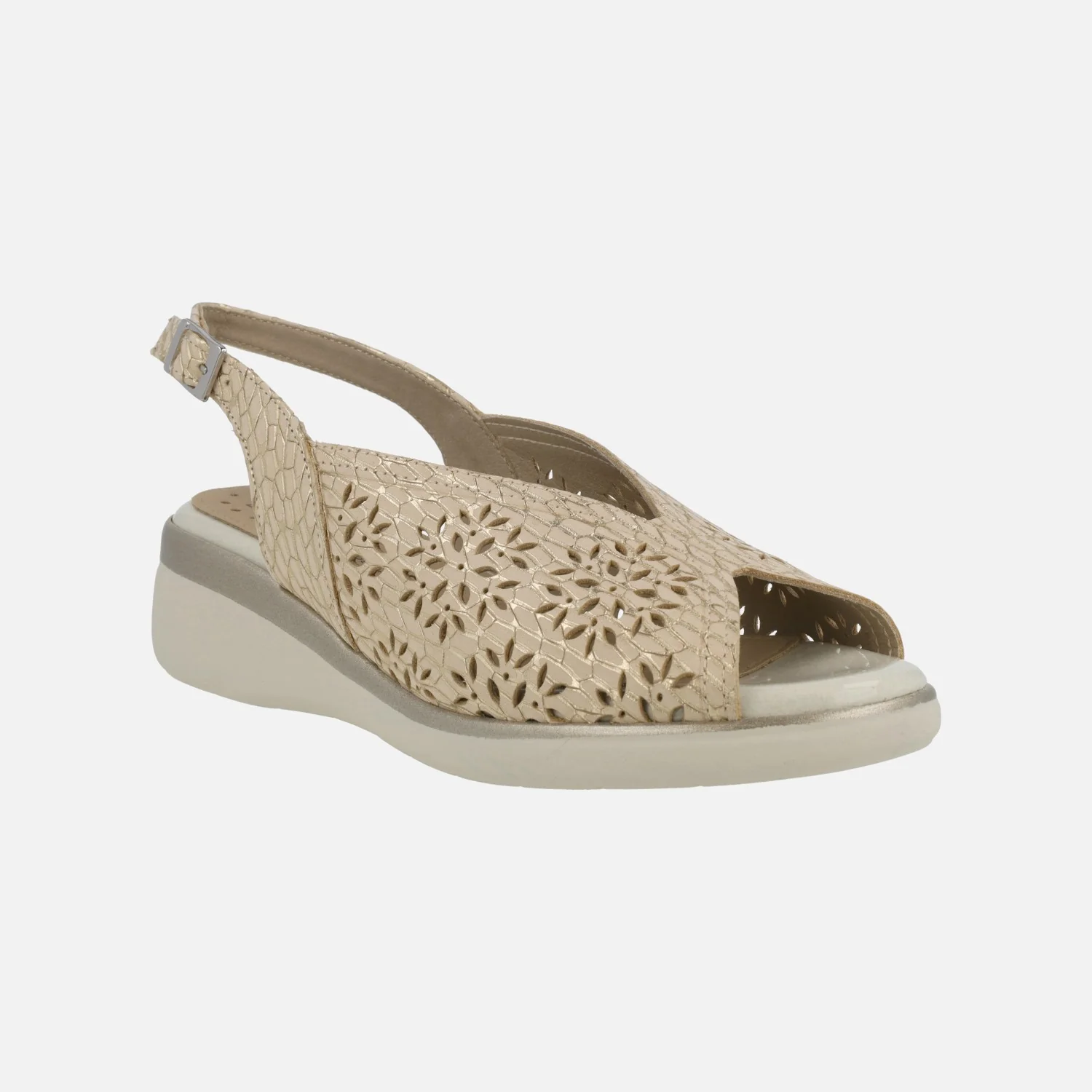 Sandalias de piel grabada beige con destellos oro y troquelados - Image 2