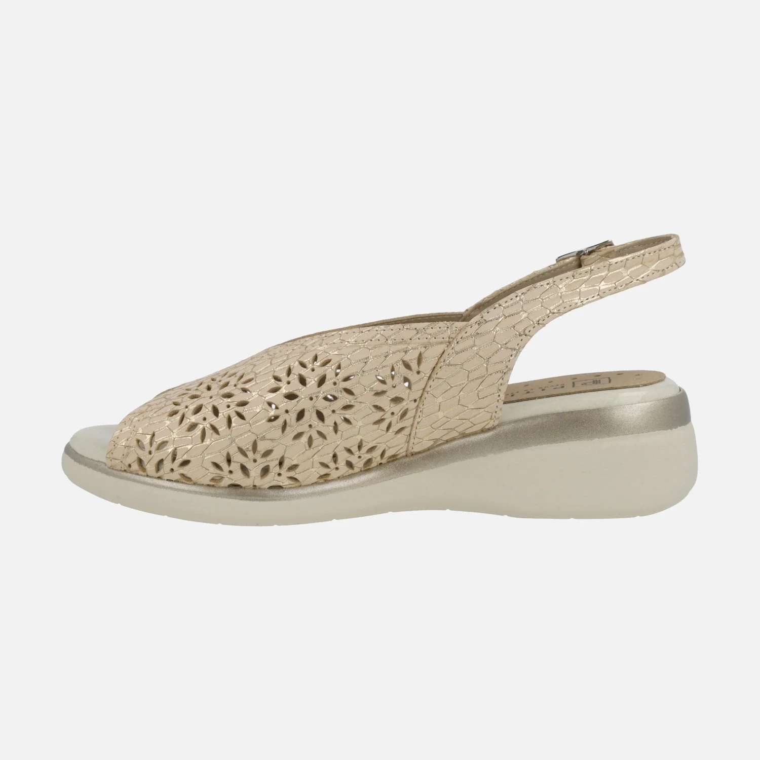 Sandalias de piel grabada beige con destellos oro y troquelados - Image 3