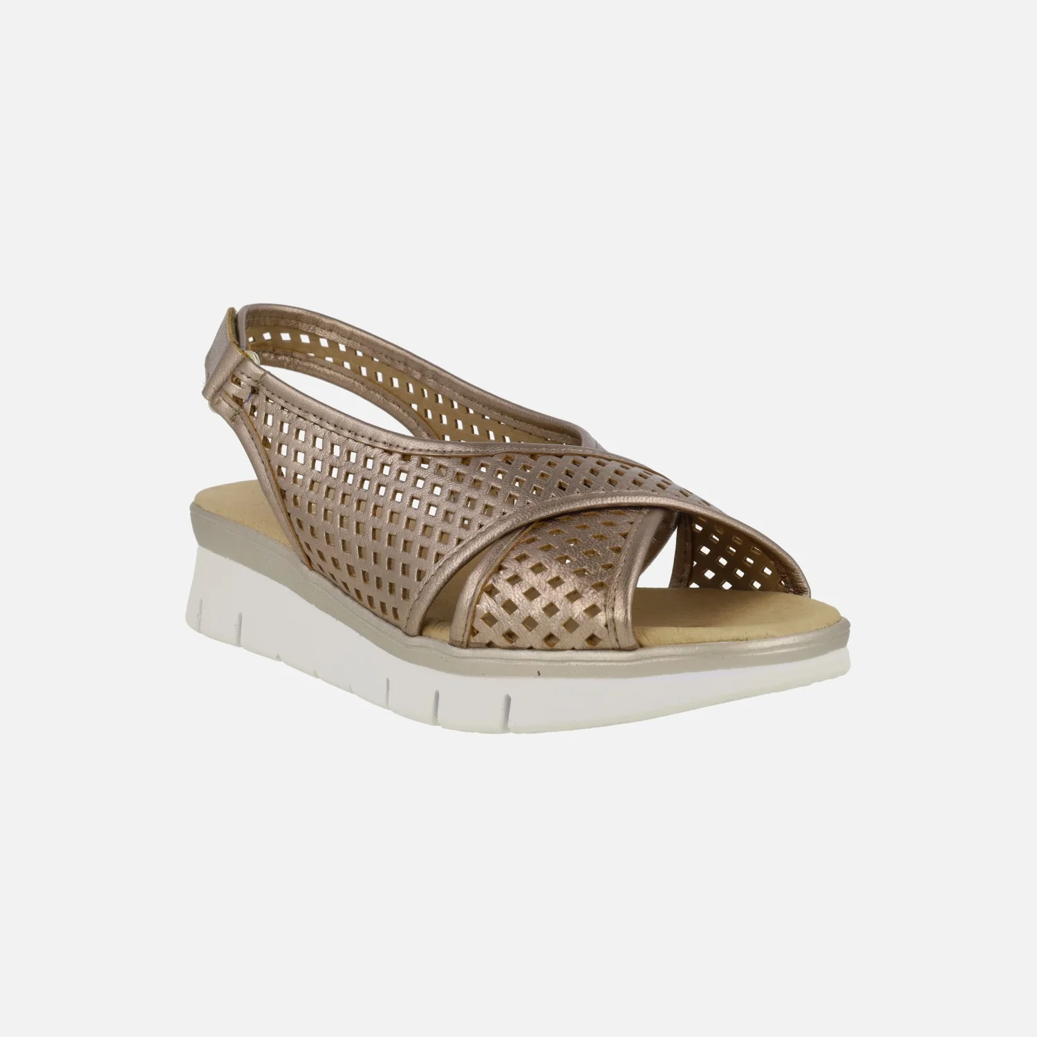 Sandalias de piel metalizada bronce con picados y cierre de velcro - Image 2