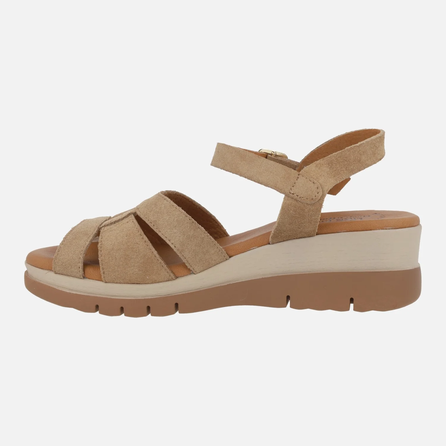 Sandalias de piel serraje con cierre de hebilla y cuña media - Image 3