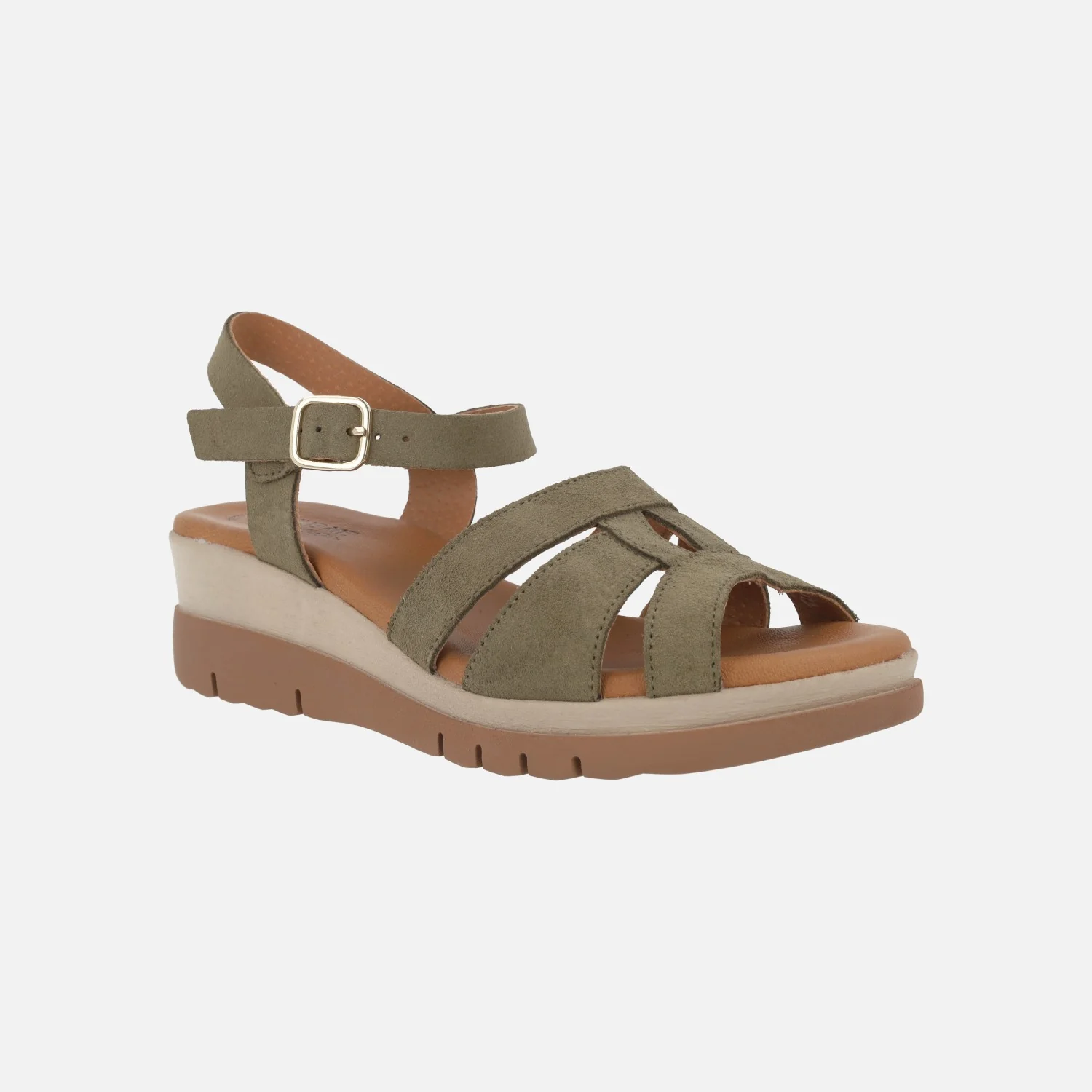 Sandalias de piel serraje con cierre de hebilla y cuña media - Image 8