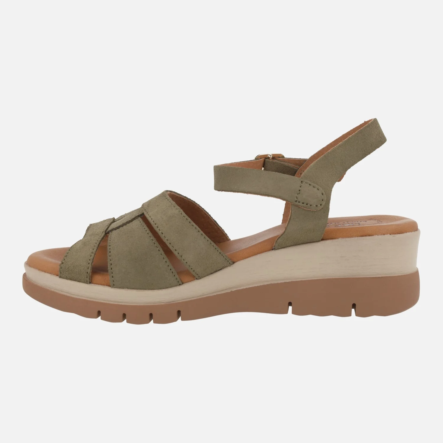 Sandalias de piel serraje con cierre de hebilla y cuña media - Image 9