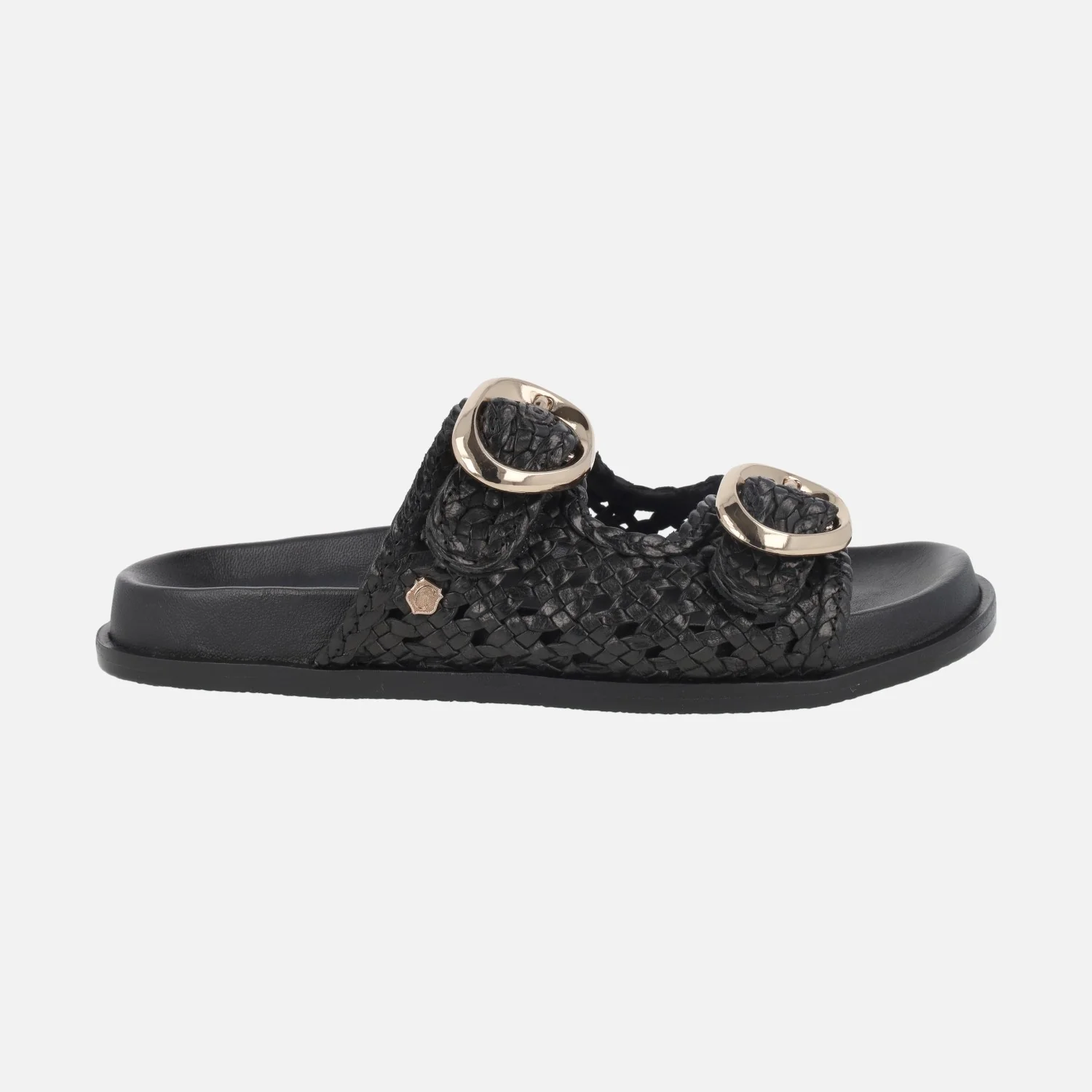 Sandalias de piel trenzada en color negro con hebillas doradas