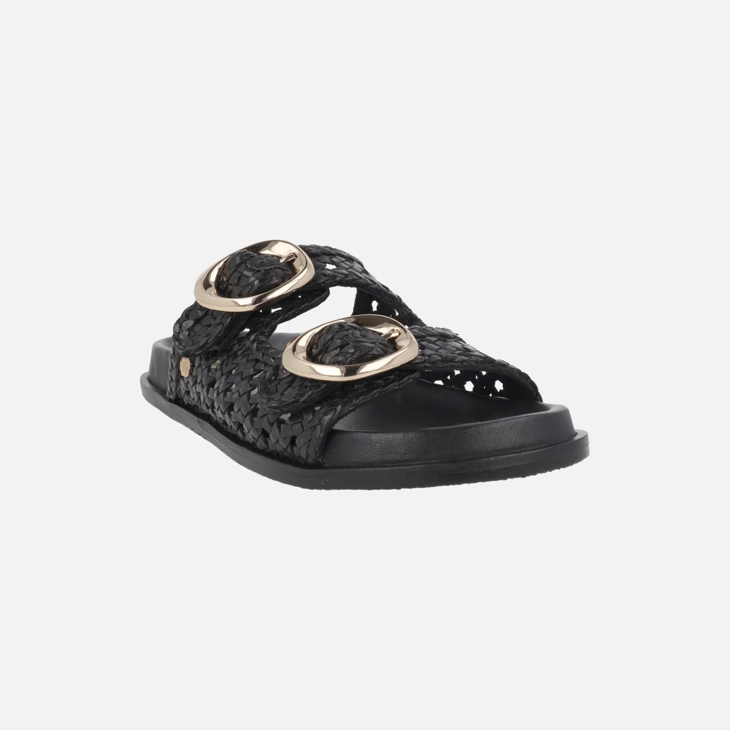 Sandalias de piel trenzada en color negro con hebillas doradas - Image 2