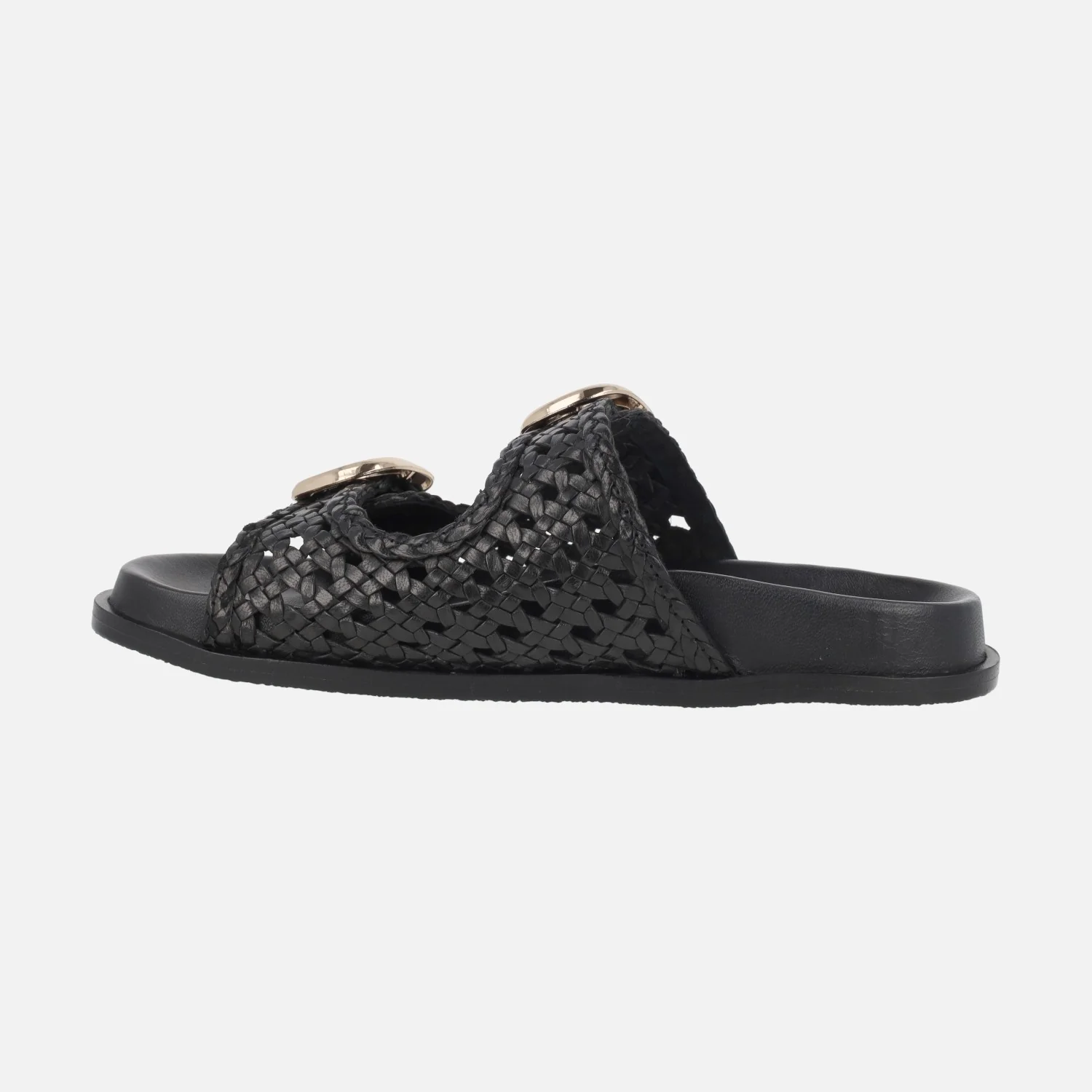 Sandalias de piel trenzada en color negro con hebillas doradas - Image 3