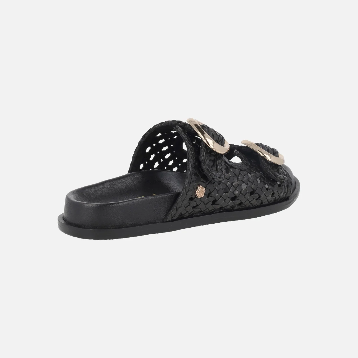Sandalias de piel trenzada en color negro con hebillas doradas - Image 4