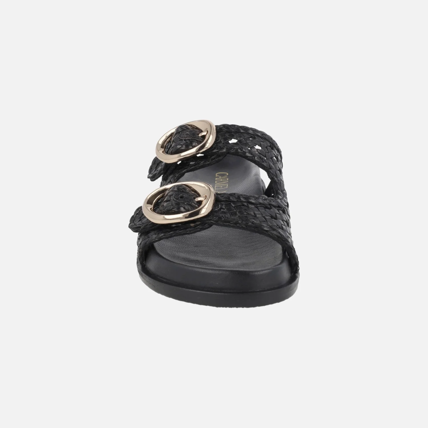 Sandalias de piel trenzada en color negro con hebillas doradas - Image 5