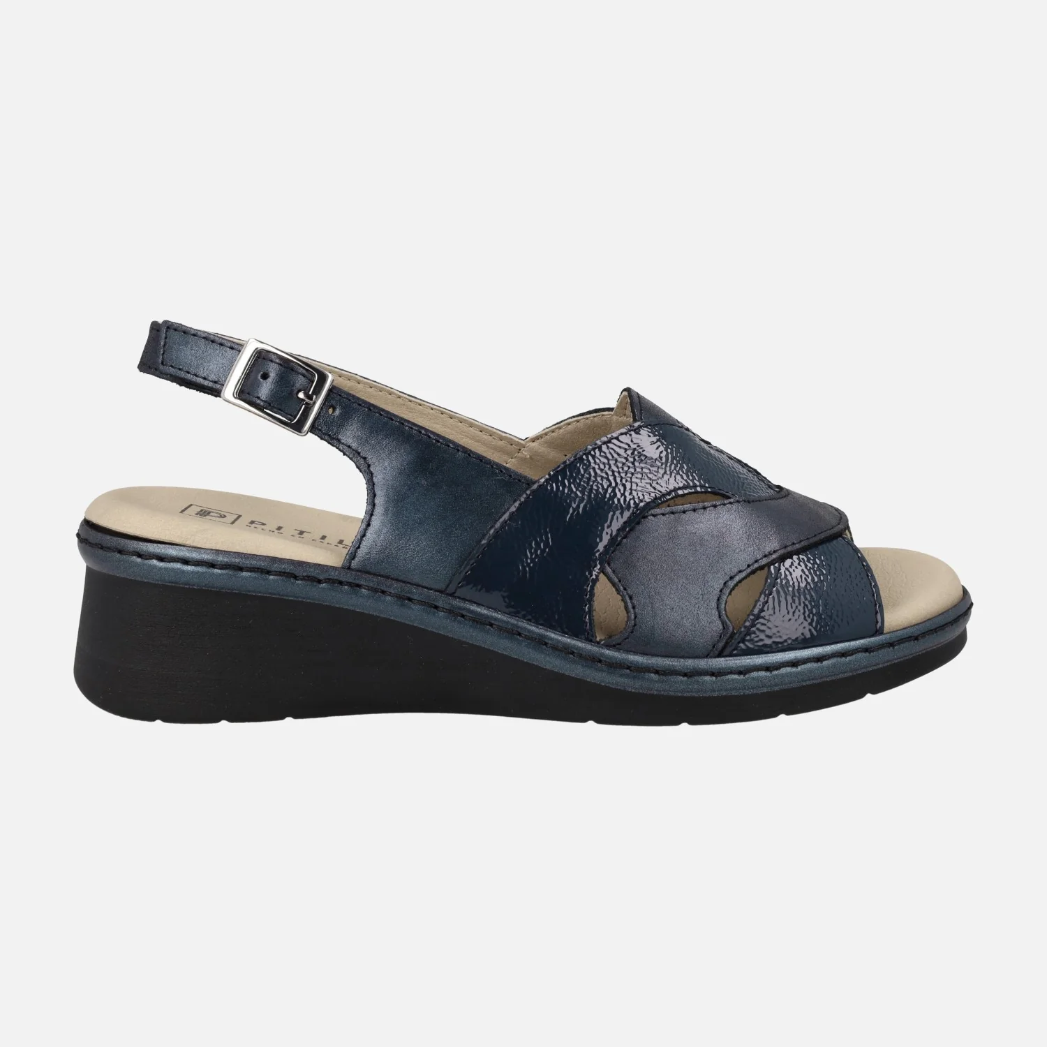 Sandalias de piel y charol azul marino con plantillas extraíbles