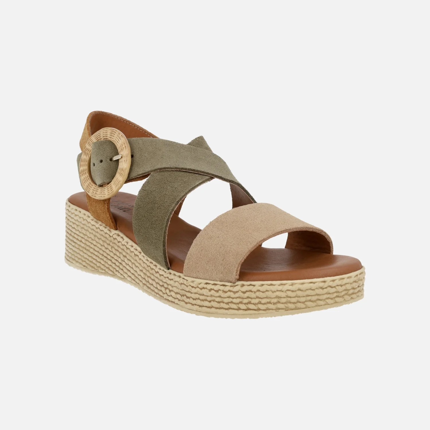 Sandalias de serraje tricolor con hebilla circular de rafia - Image 2