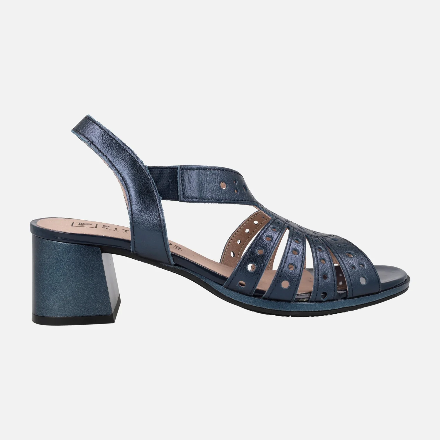 Sandalias de tacón en piel metalizada azul marino - Image 2