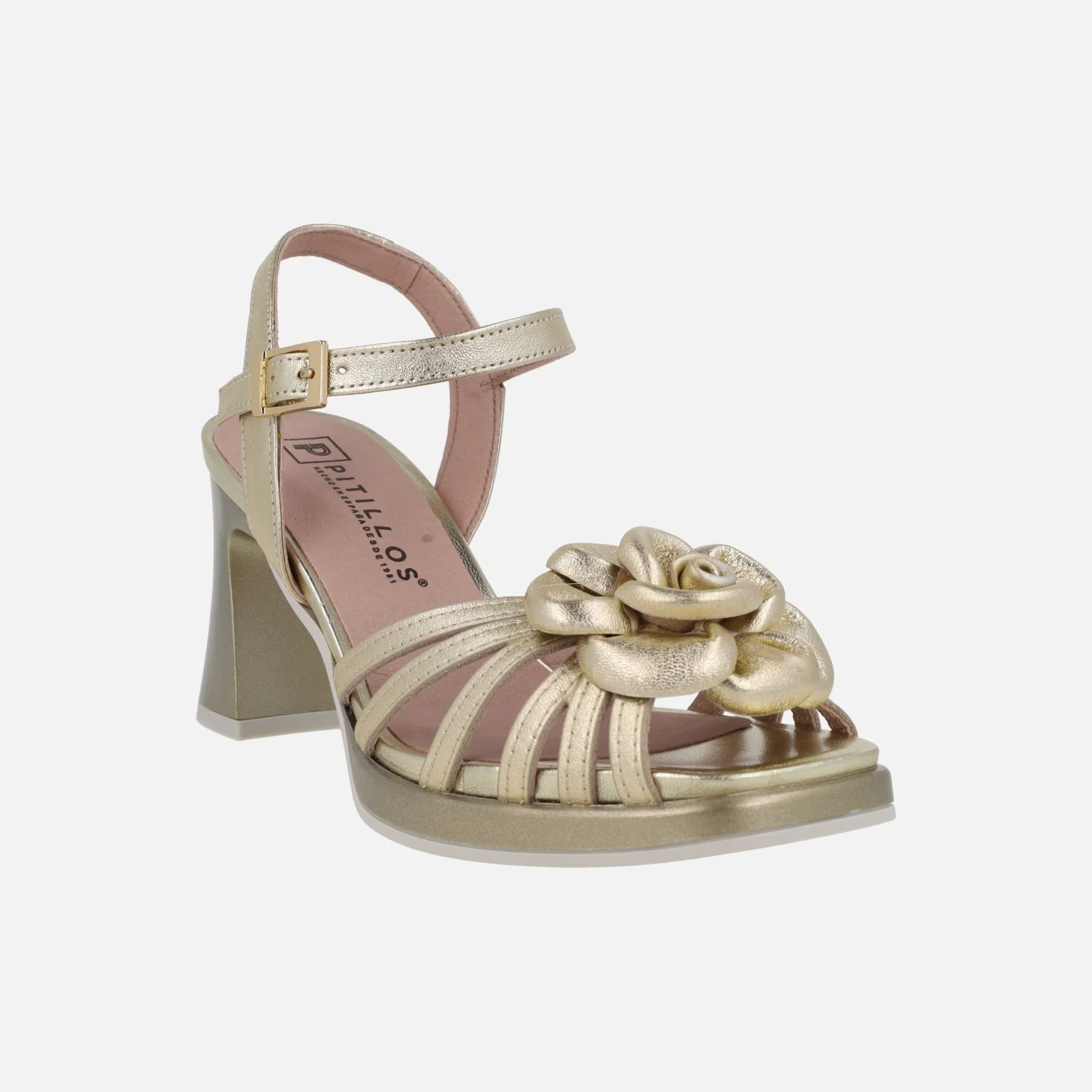 Sandalias de tacón en piel oro con adorno de flor - Image 2