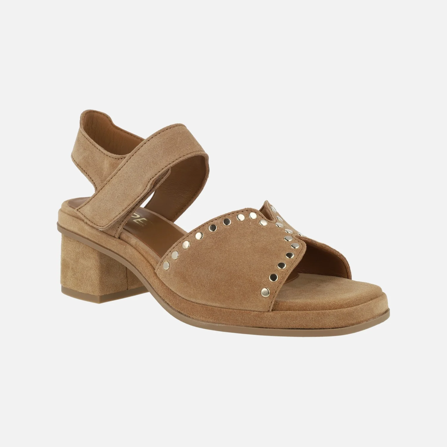 Sandalias de tacón Sena en serraje camel con cierre de velcro - Image 2