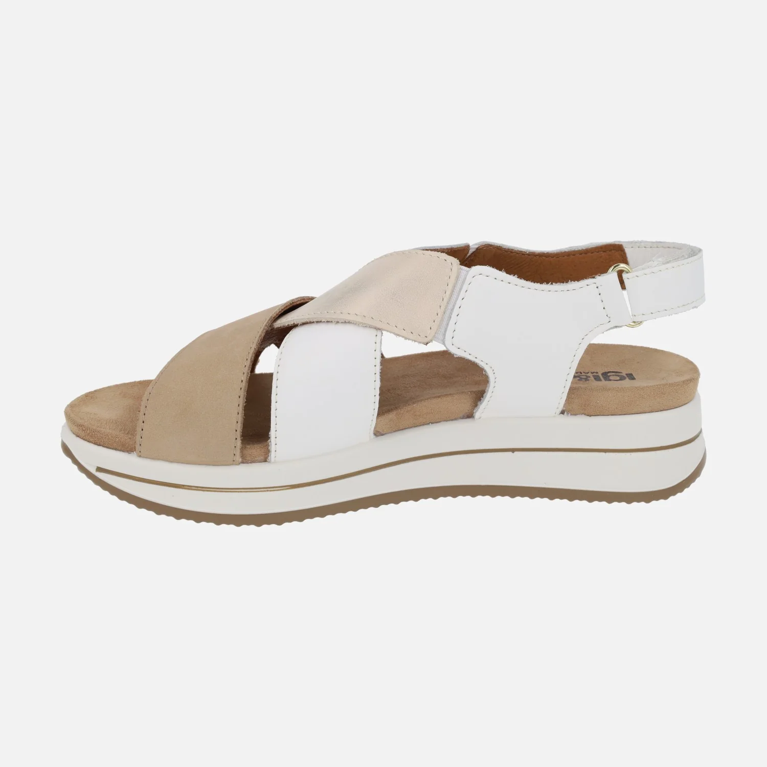 Sandalias de tiras cruzadas en beige y blanco con cierre de velcro - Image 4