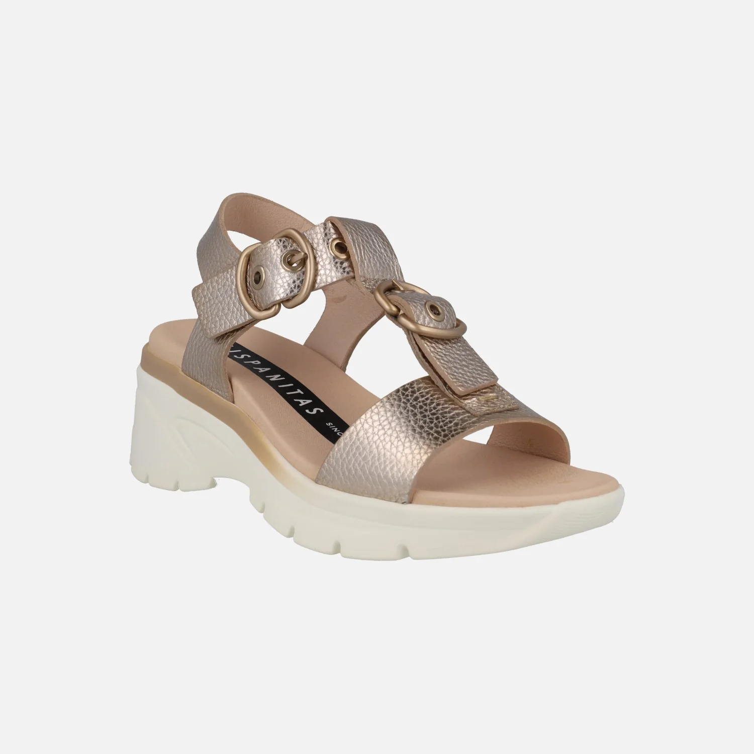 Sandalias doradas de piel con adorno hebillas y cuña media - Image 2