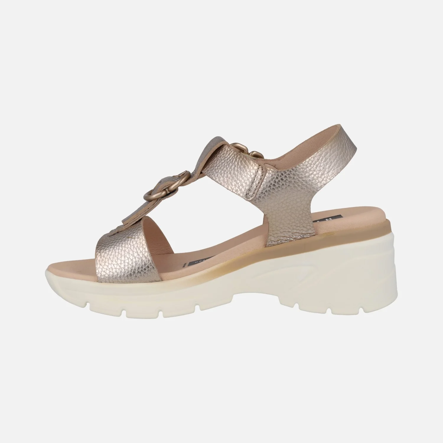Sandalias doradas de piel con adorno hebillas y cuña media - Image 3