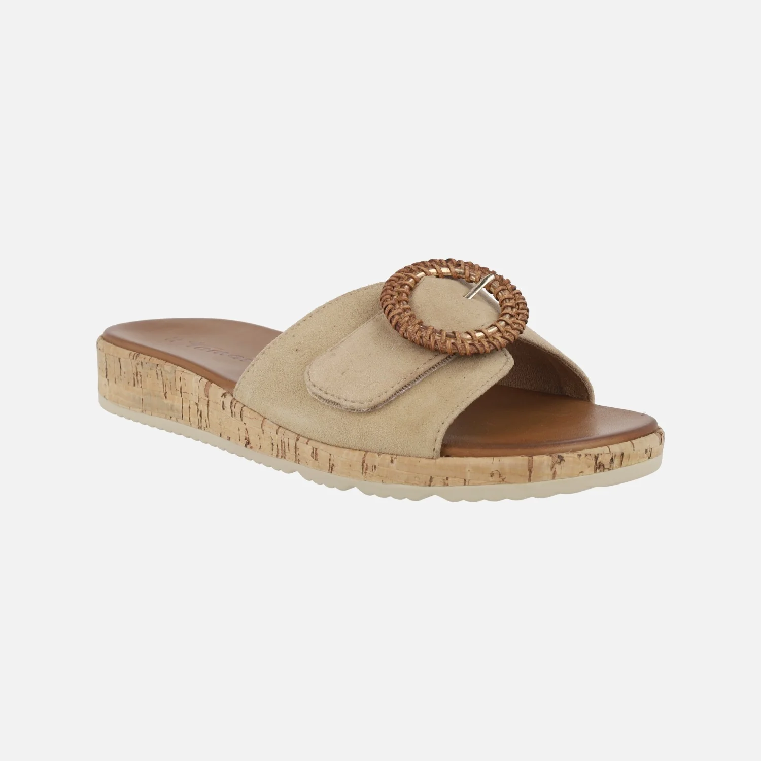 Sandalias en ante beige con hebilla circular efecto rafia - Image 2