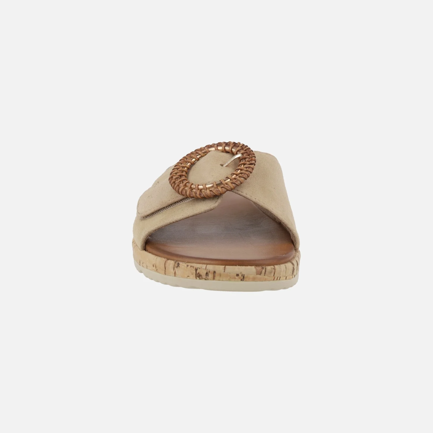 Sandalias en ante beige con hebilla circular efecto rafia - Image 5