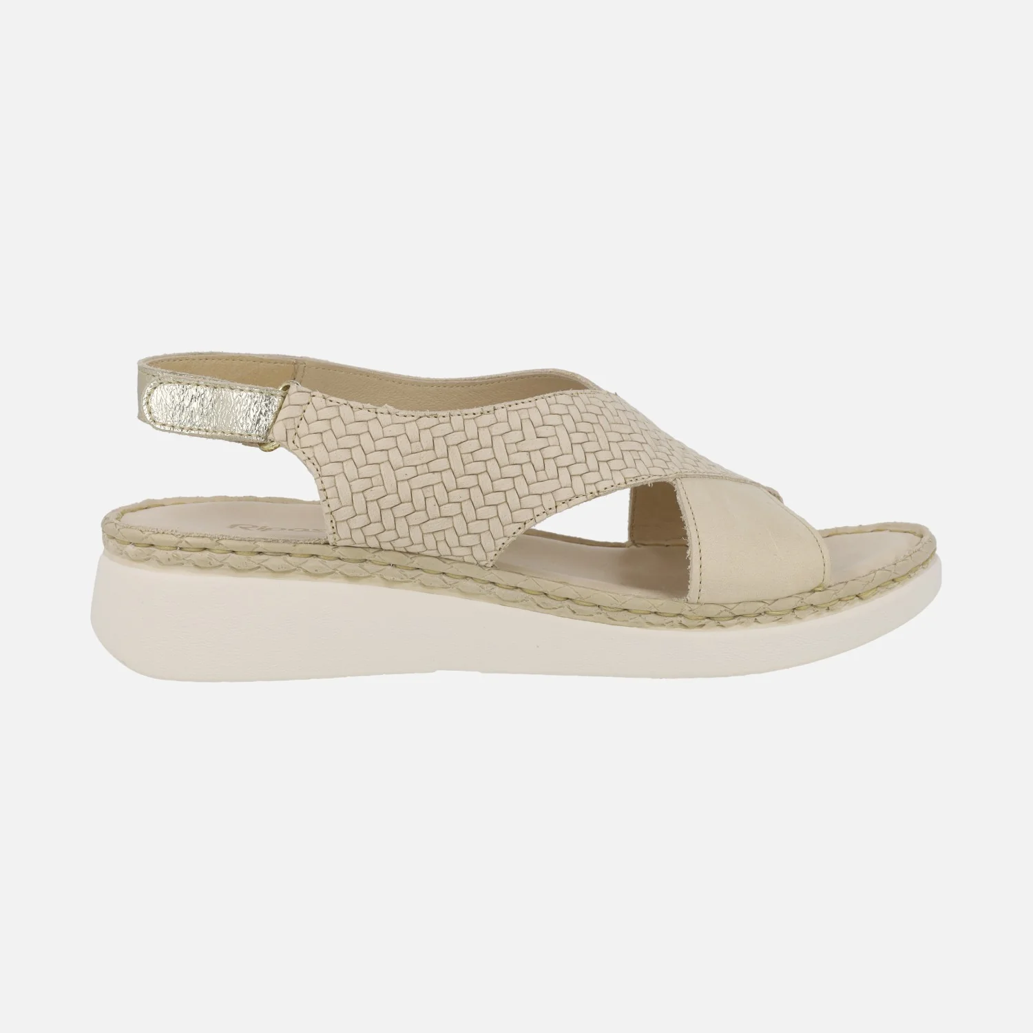 Sandalias en piel beige con efecto trenzado y tira al talón con velcro
