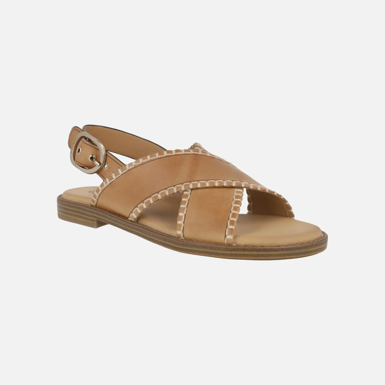 Sandalias en piel camel con tiras cruzadas y pespuntes - Image 2