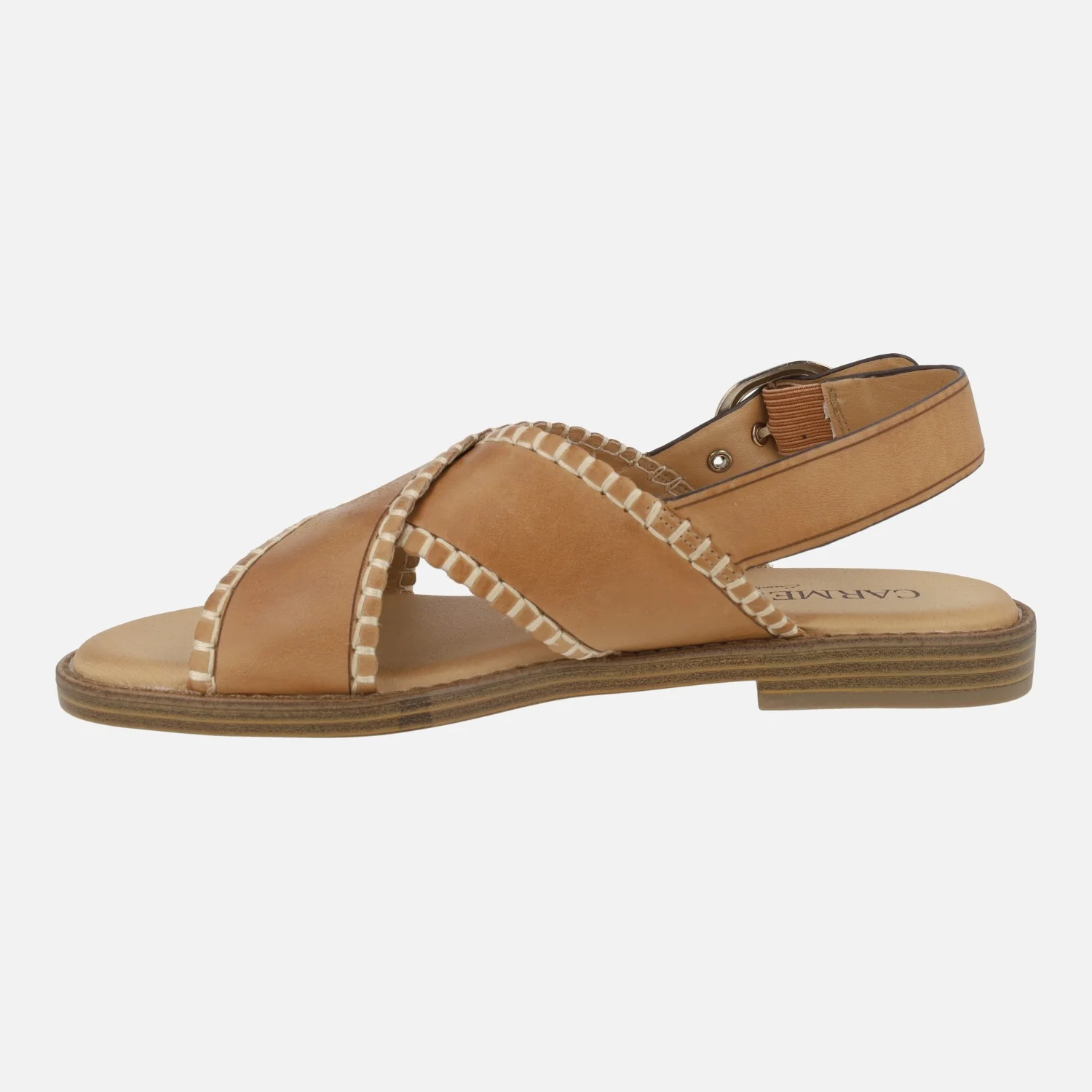 Sandalias en piel camel con tiras cruzadas y pespuntes - Image 3