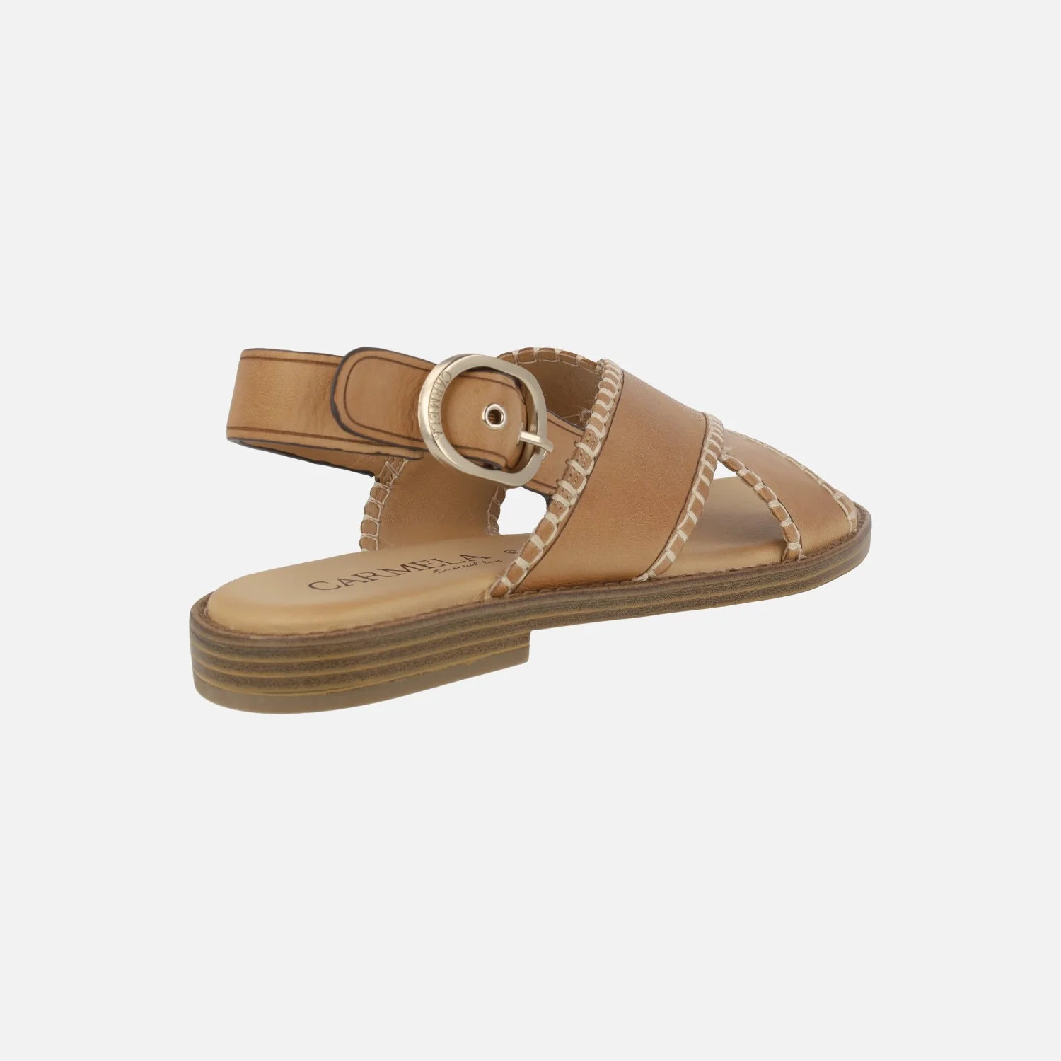 Sandalias en piel camel con tiras cruzadas y pespuntes - Image 4
