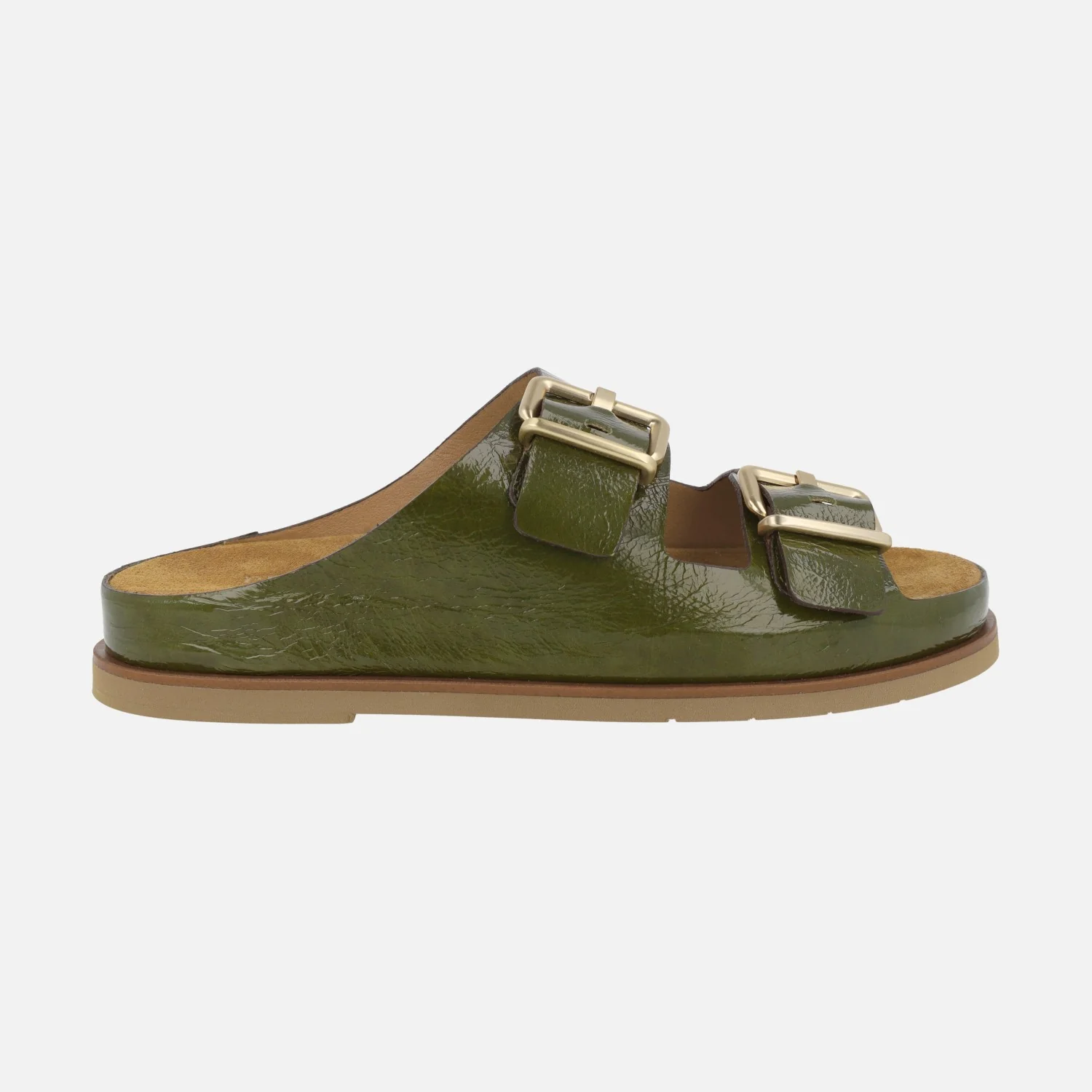 Sandalias en piel charol con cierre de hebillas