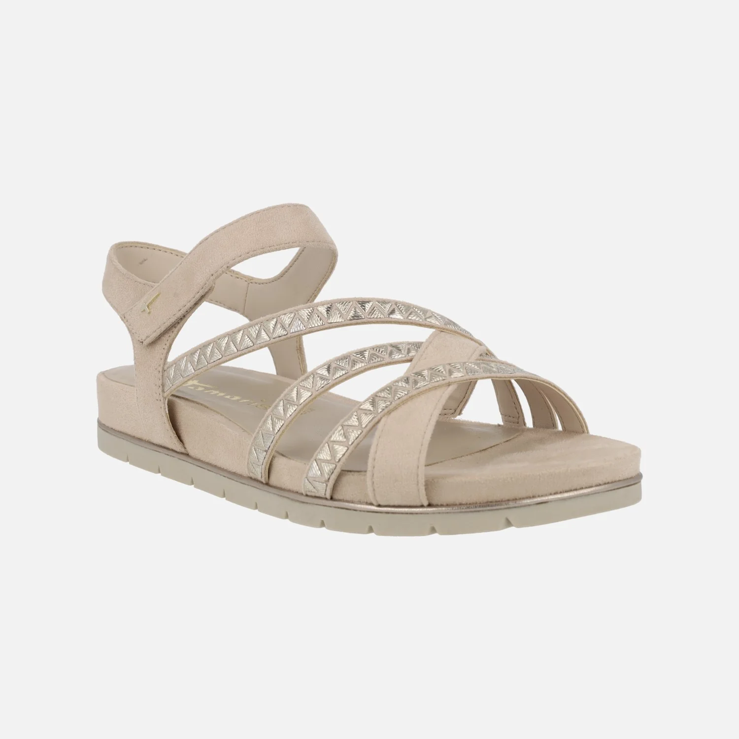 Sandalias en tejido beige con detalles dorados y cierre de velcro - Image 2