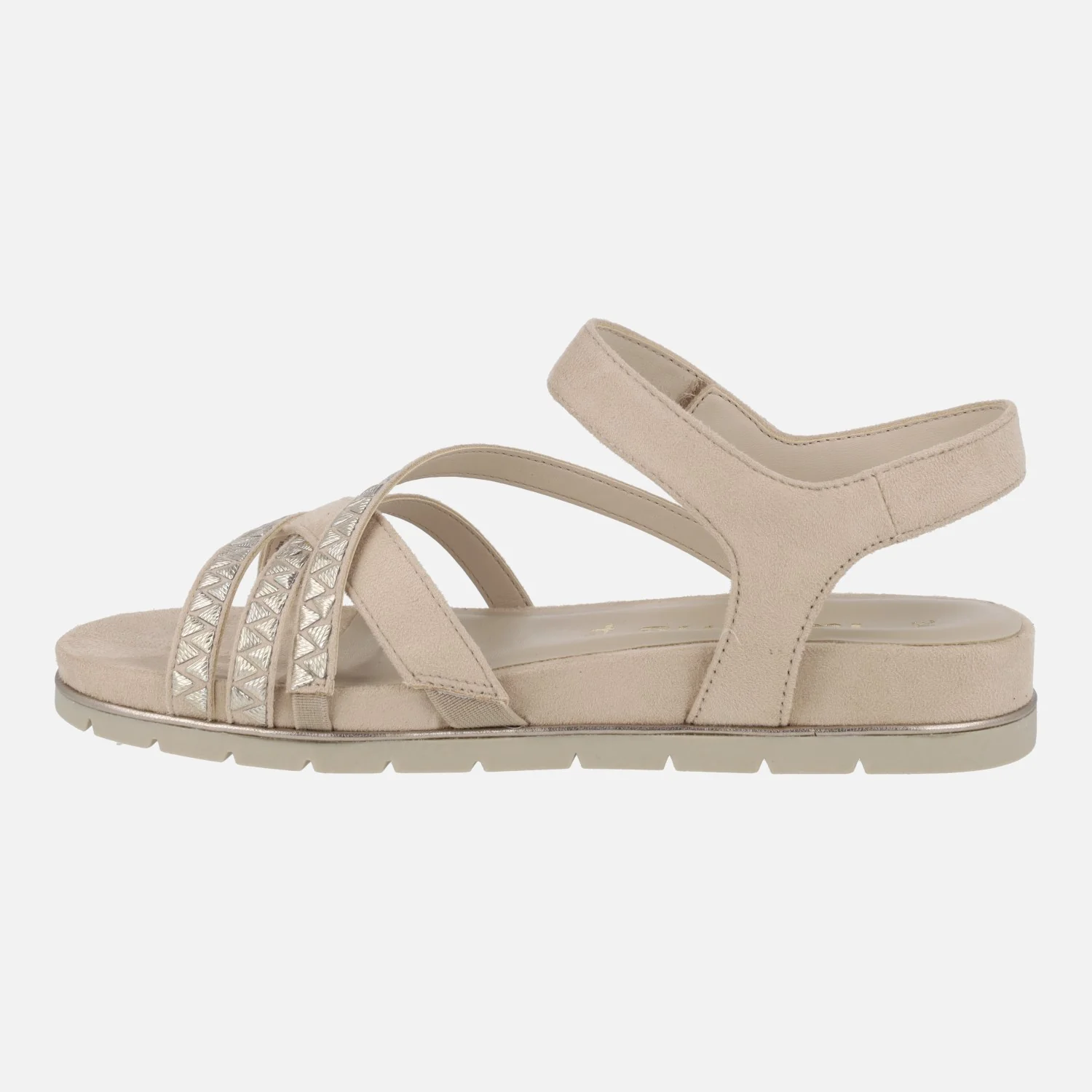 Sandalias en tejido beige con detalles dorados y cierre de velcro - Image 3