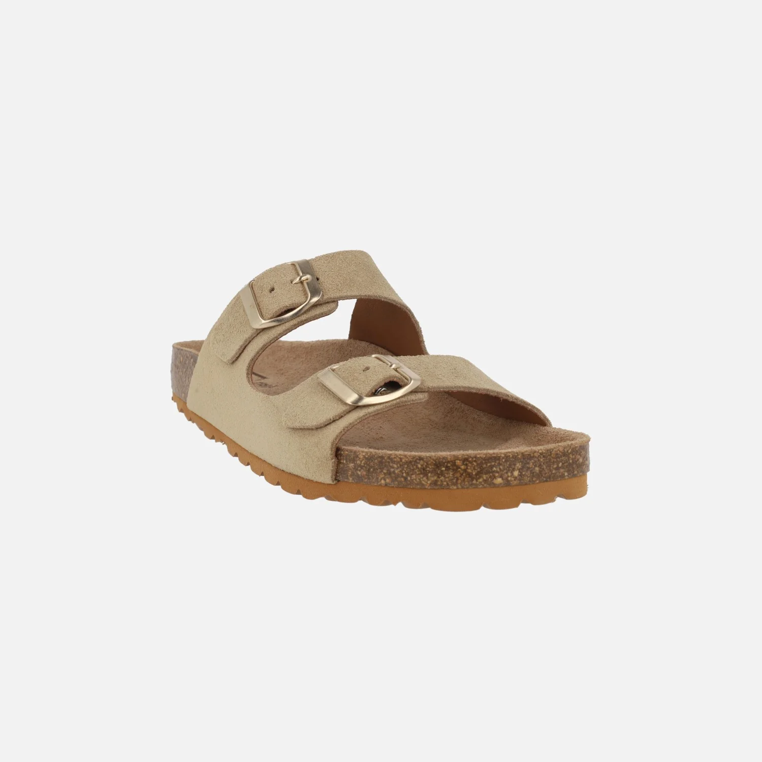 Sandalias estilo bio en serraje beige con hebillas doradas - Image 2