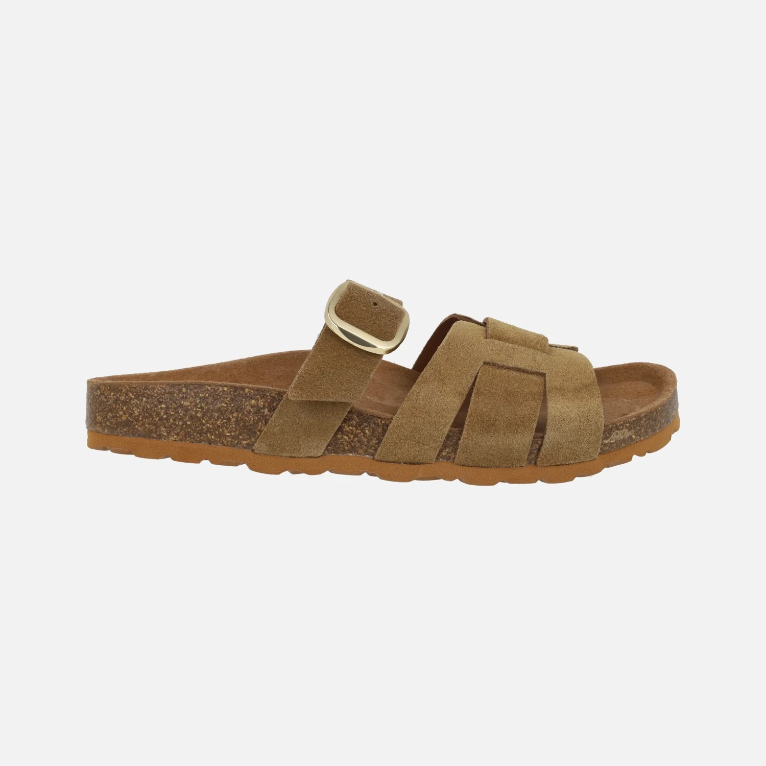 Sandalias estilo bios en serraje camel con hebilla