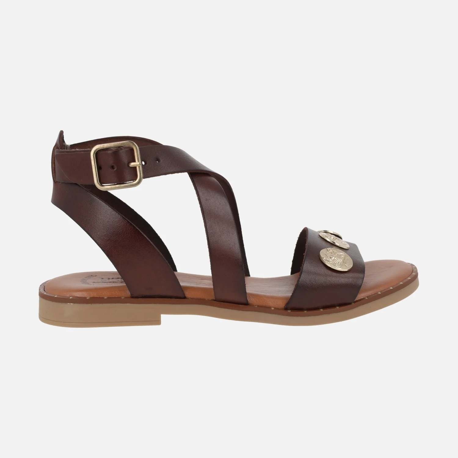 Sandalias marrones de piel con adorno de monedas color oro